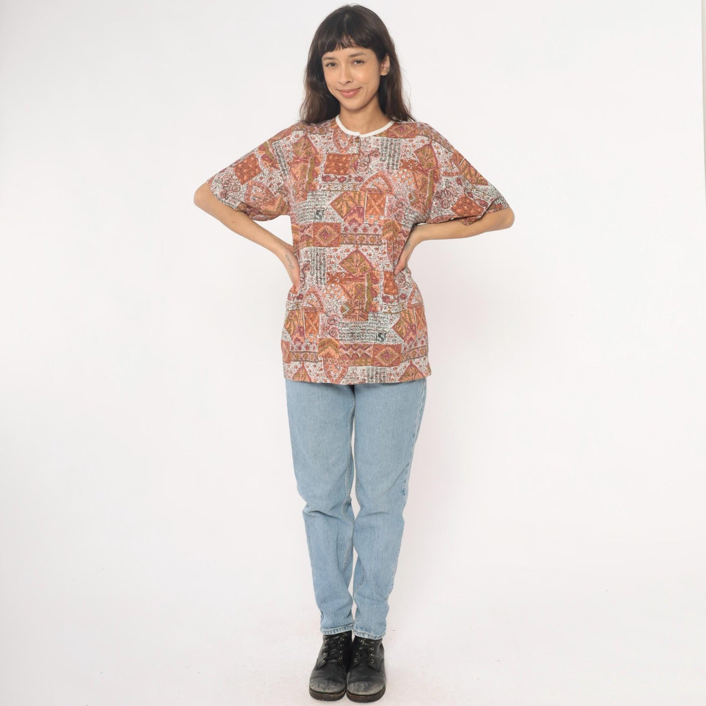 Y2K Patchwork Print Tee Rust Orange Cream Geometric Paisley Unisex Large L