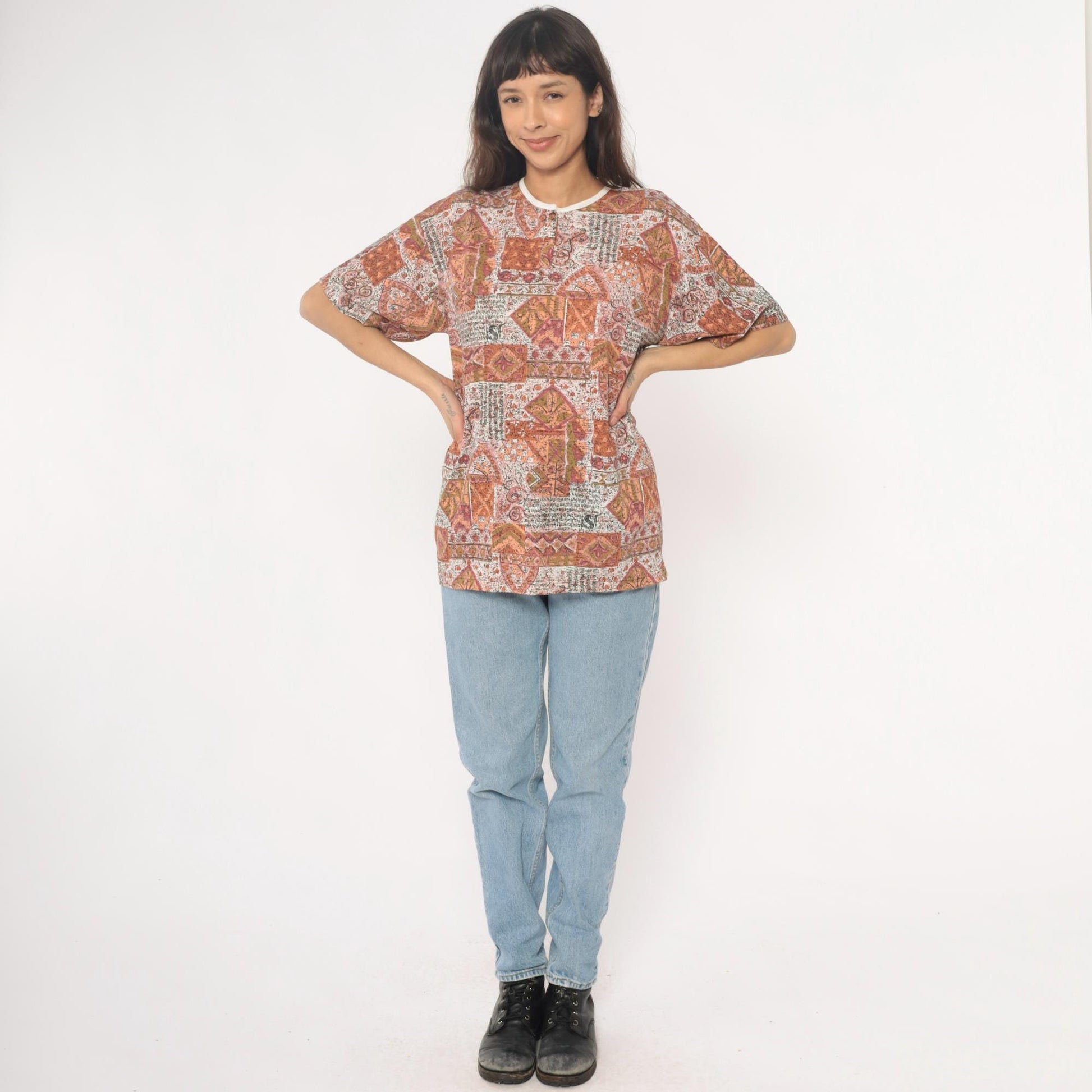 Y2K Patchwork Print Tee Rust Orange Cream Geometric Paisley Unisex Large L