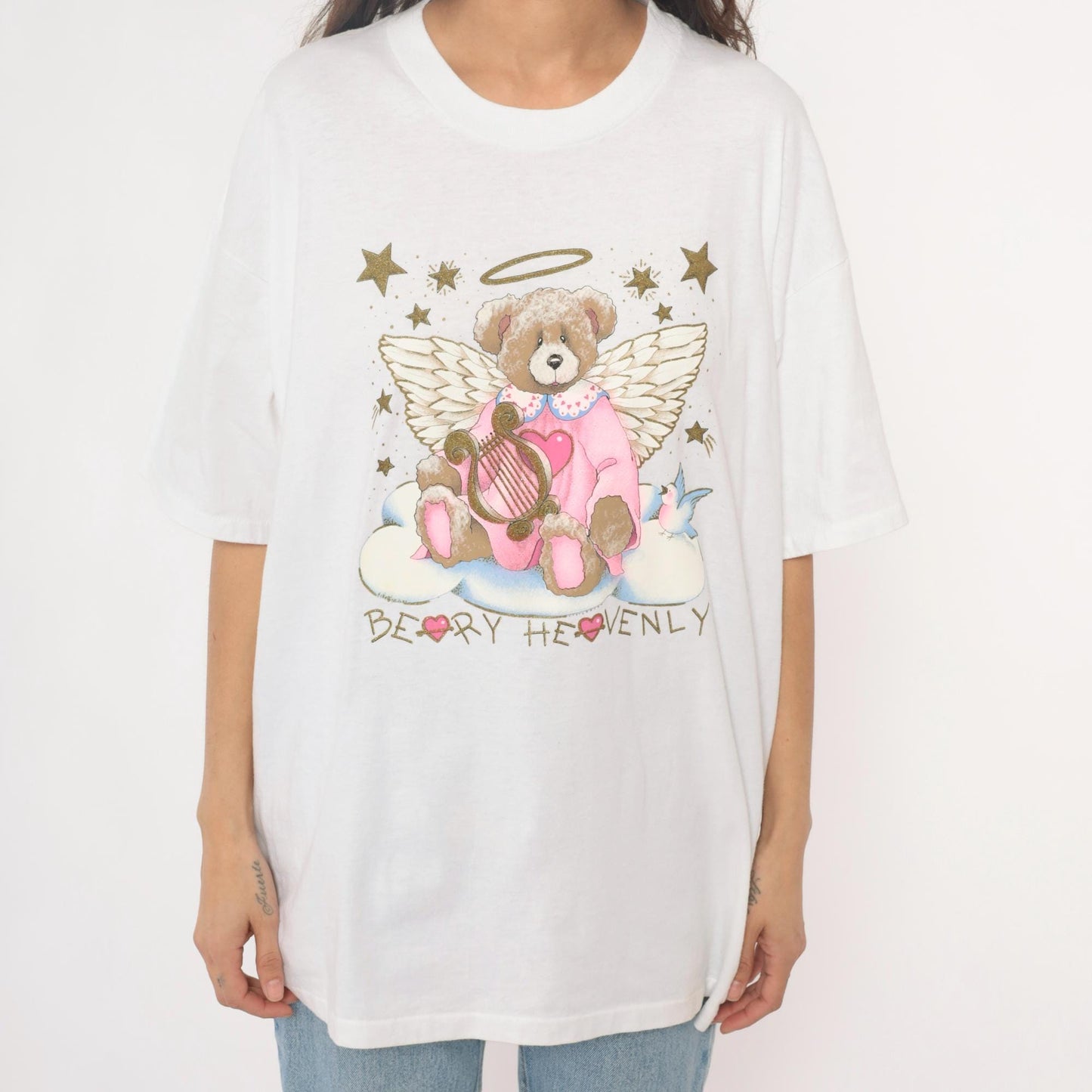 90s Oneita Beary Heavenly Angel Teddy Bear Graphic Tee White Plus Size XXL