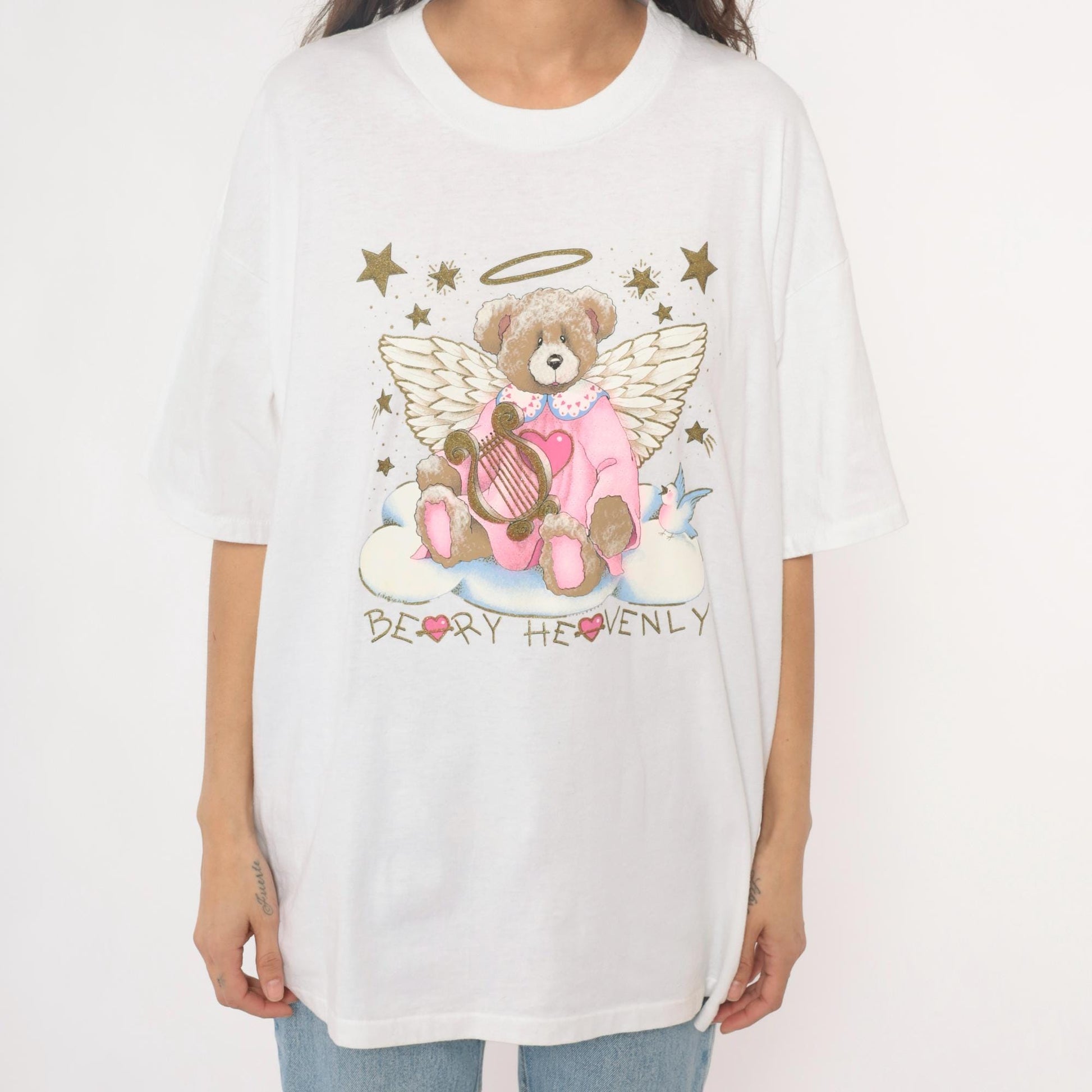 90s Oneita Beary Heavenly Angel Teddy Bear Graphic Tee White Plus Size XXL
