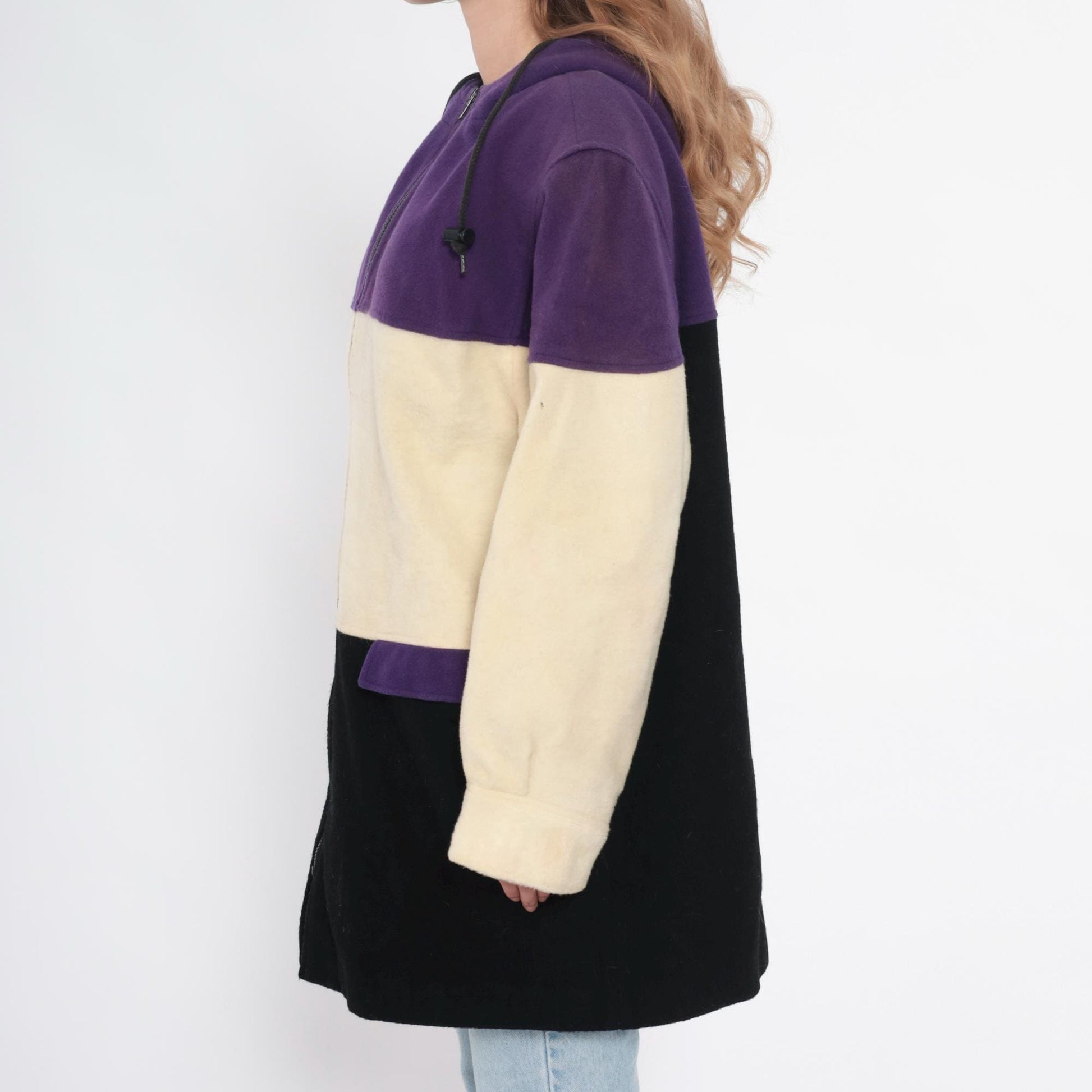 90s Spencer Douglas Colorblock Hooded Jacket Purple Cream Black Wool Blend Extra Large