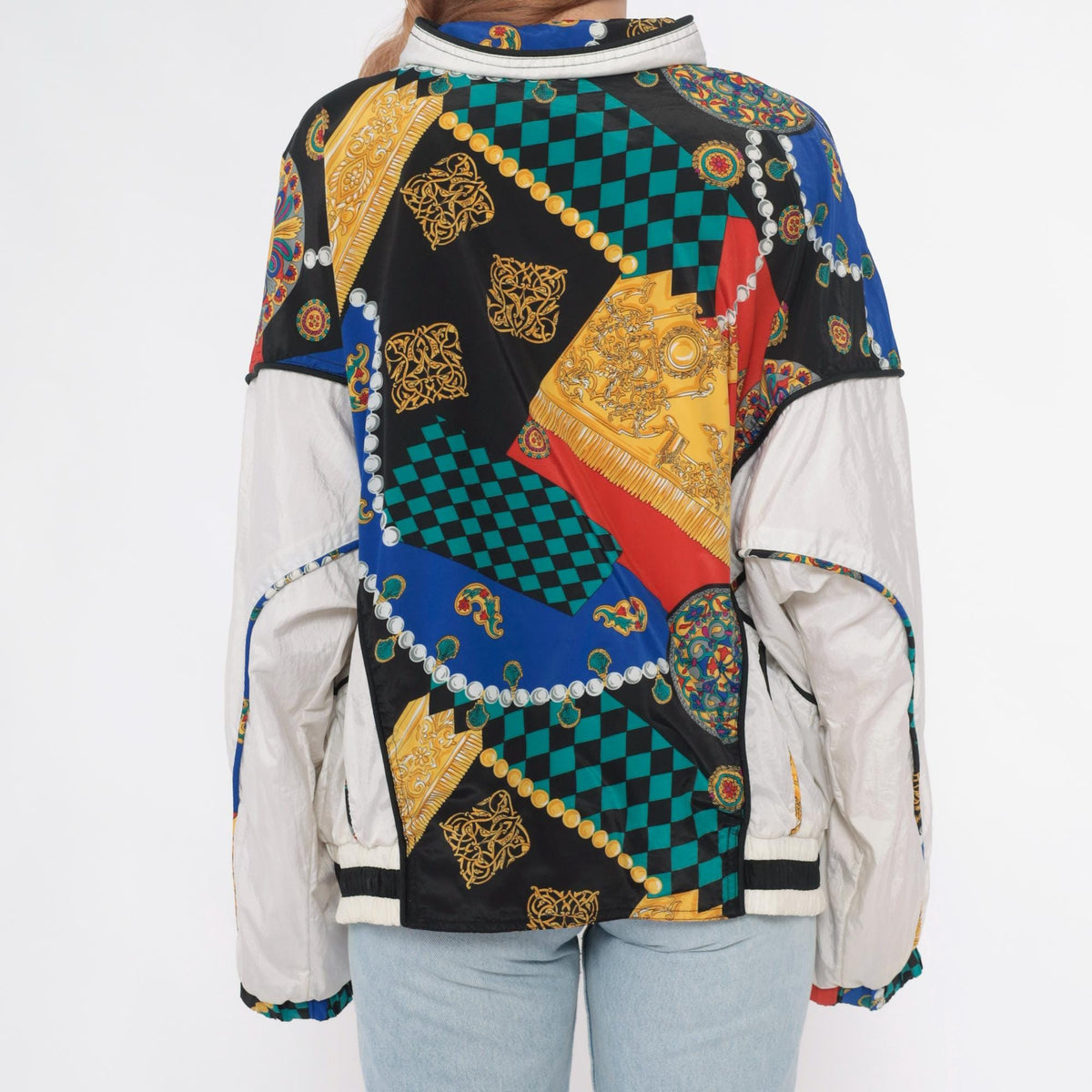 90s East West Windbreaker Multicolor Baroque Checkerboard Chain Print Large