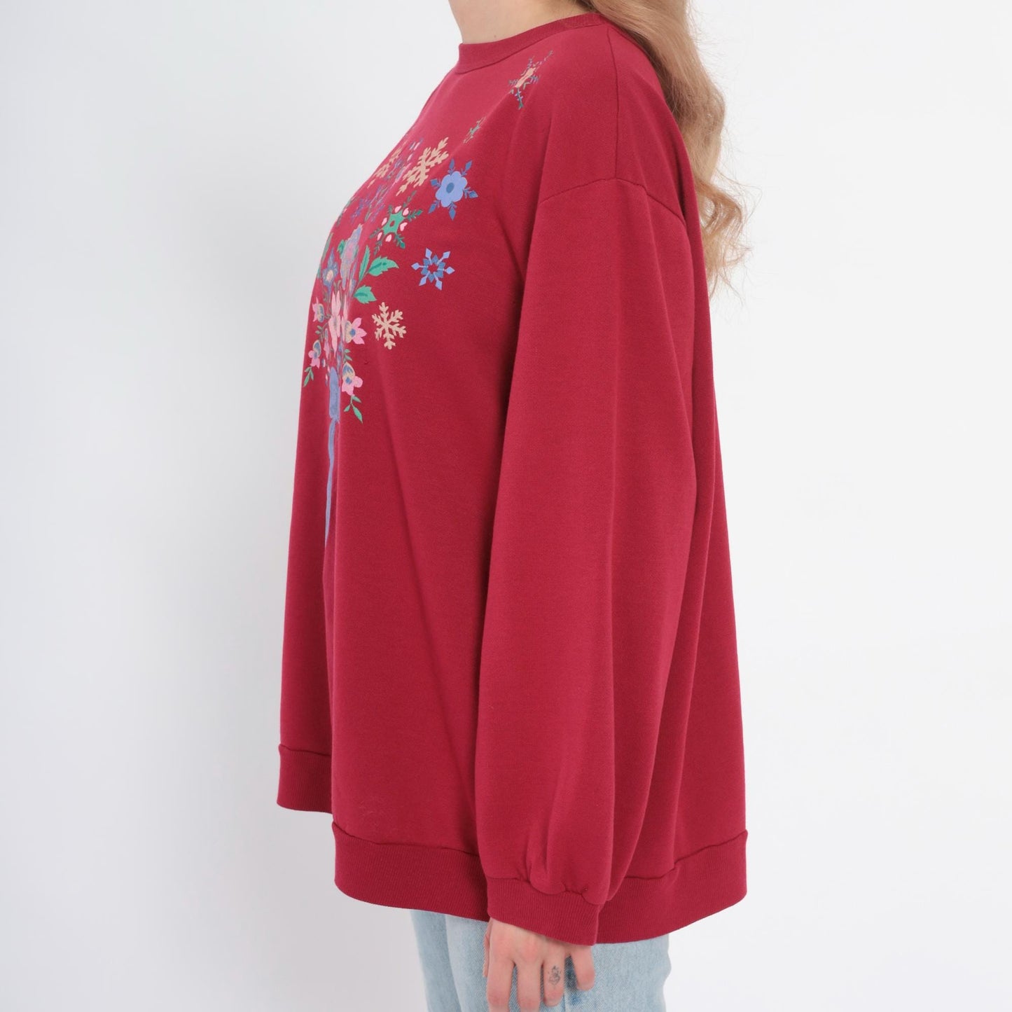 90s Hot Pink Floral Snowflake Embroidered Sweatshirt Crewneck Extra Large XXL