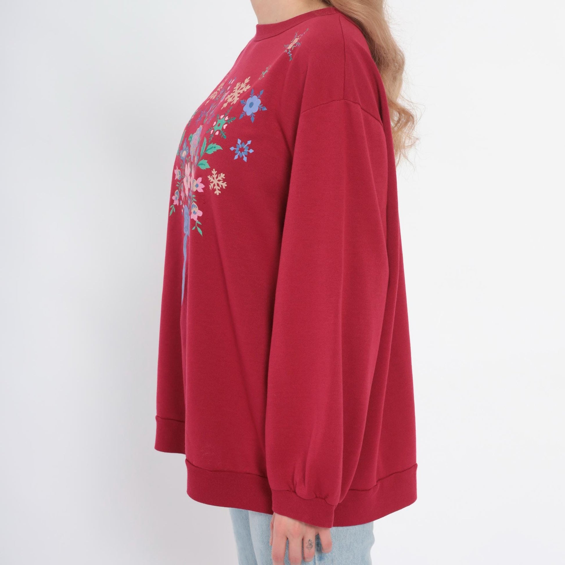 90s Hot Pink Floral Snowflake Embroidered Sweatshirt Crewneck Extra Large XXL