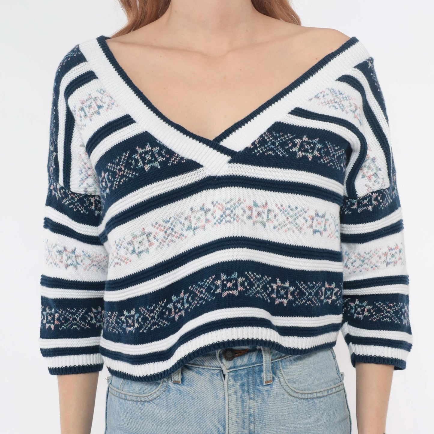 90s Navy Floral Striped V-Neck Knit Sweater Cotton Blend Medium M