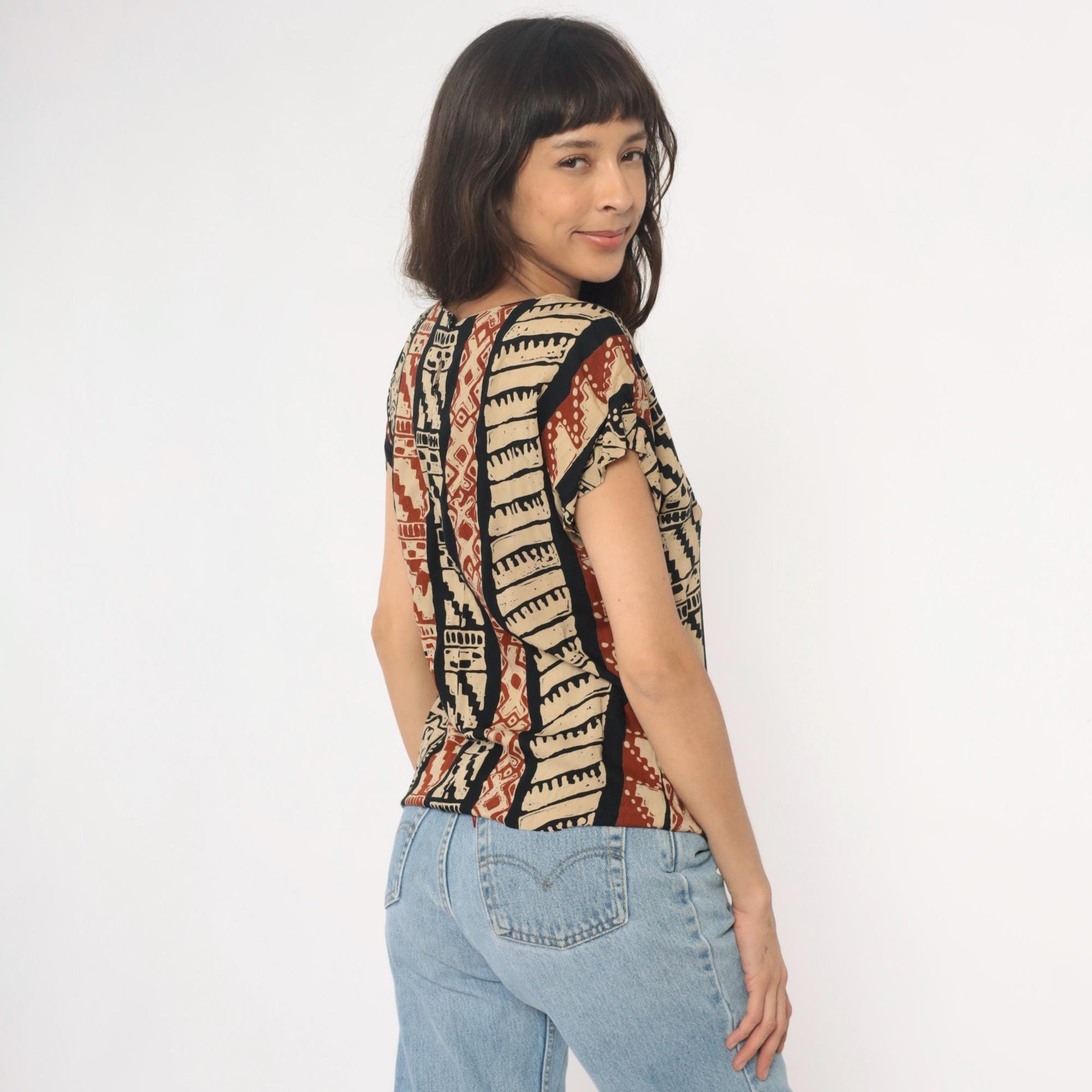90s Lia G Petites Tribal Geometric Striped Blouse Beige Black Rust Medium