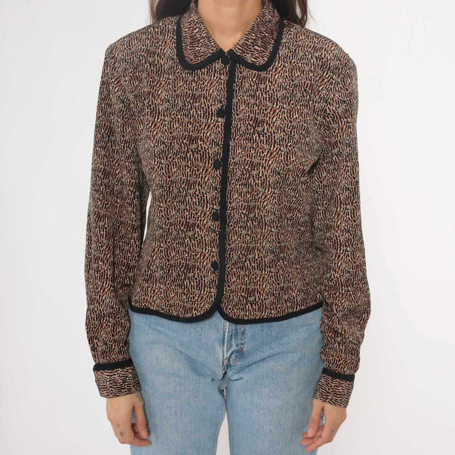 Y2K Nancy Crystal Cropped Jacket Brown Animal Print Peter Pan Collar Large L