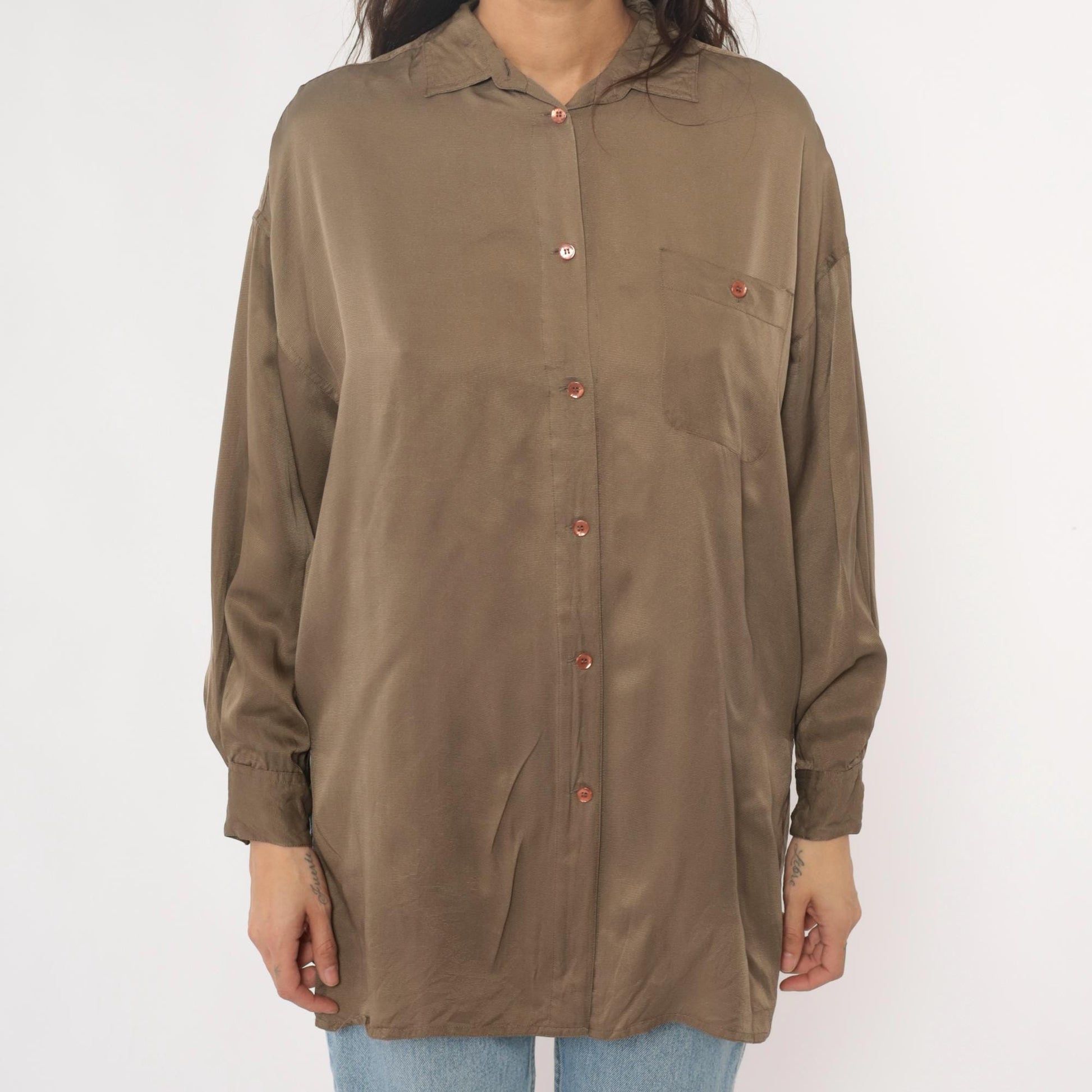 90s La Vogue Silk Button-Up Blouse Olive Chest Pocket Medium M
