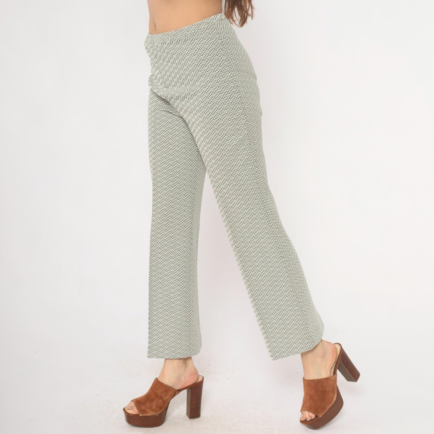 70s Geometric Basketweave Straight Leg Pants Cream Black High Waist Small