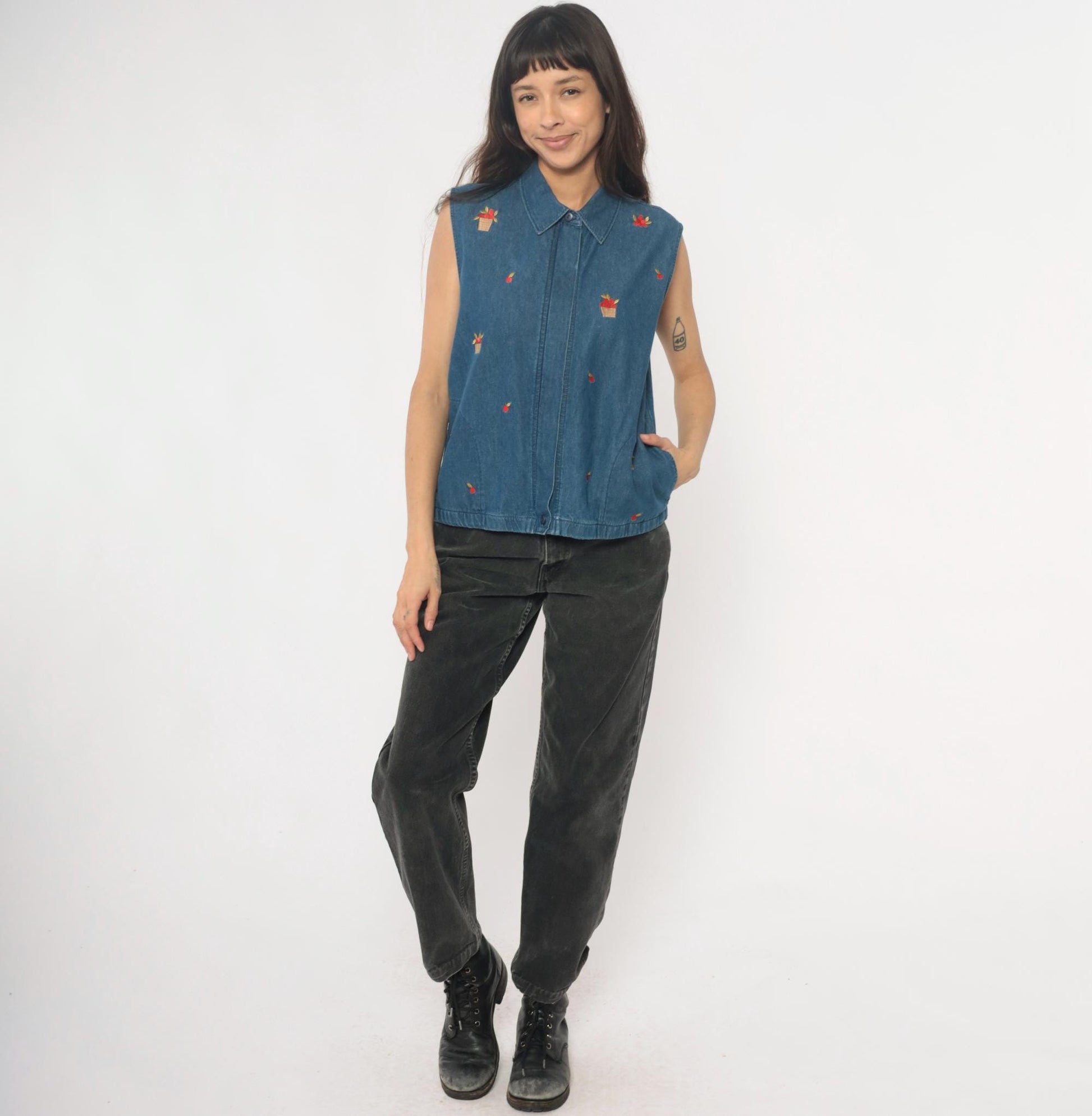 90s Allison Daley Denim Vest Embroidered Apple Basket Blue Collared Medium