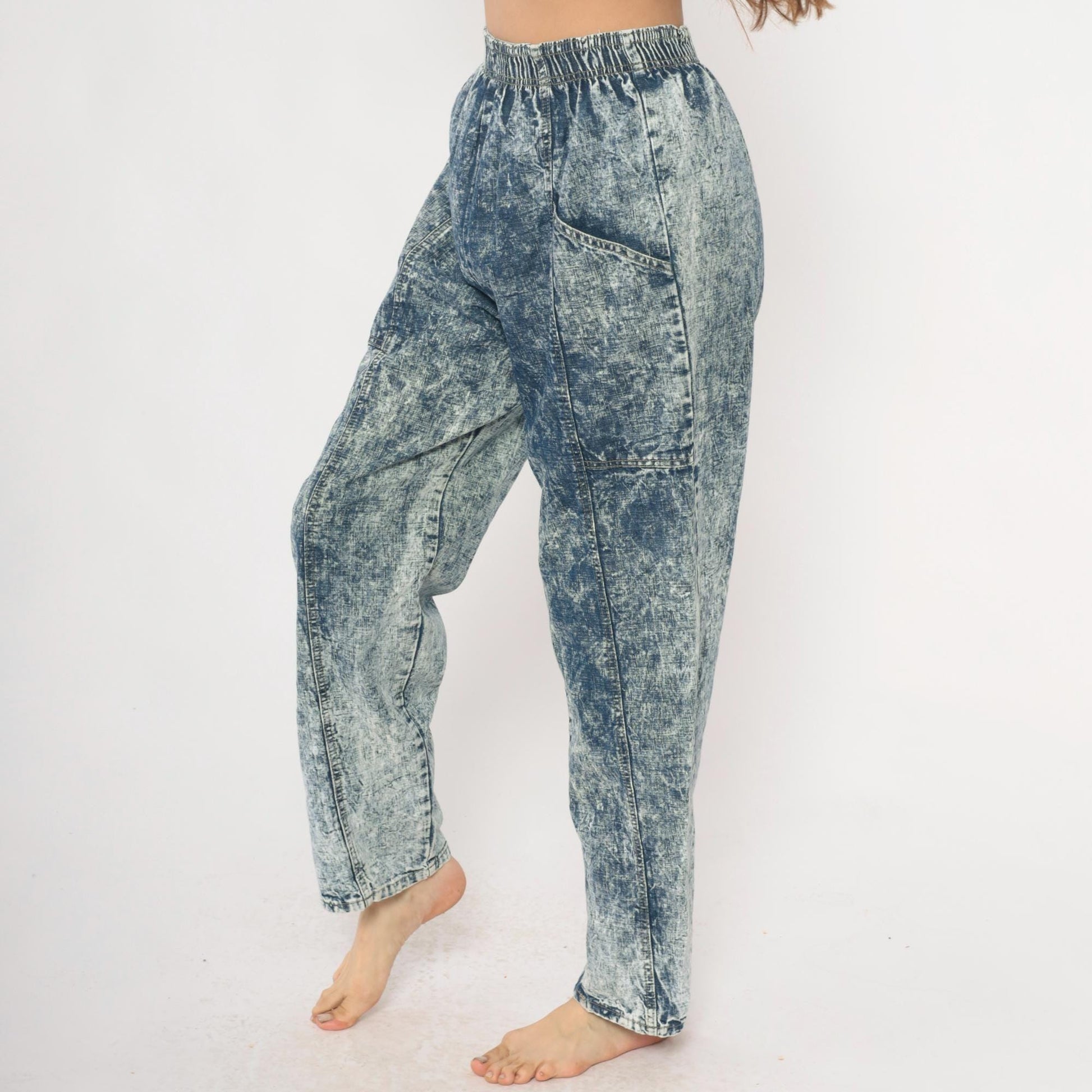 90s Acid Wash Denim High Rise Elastic Waist Straight Leg Light Blue Small Medium