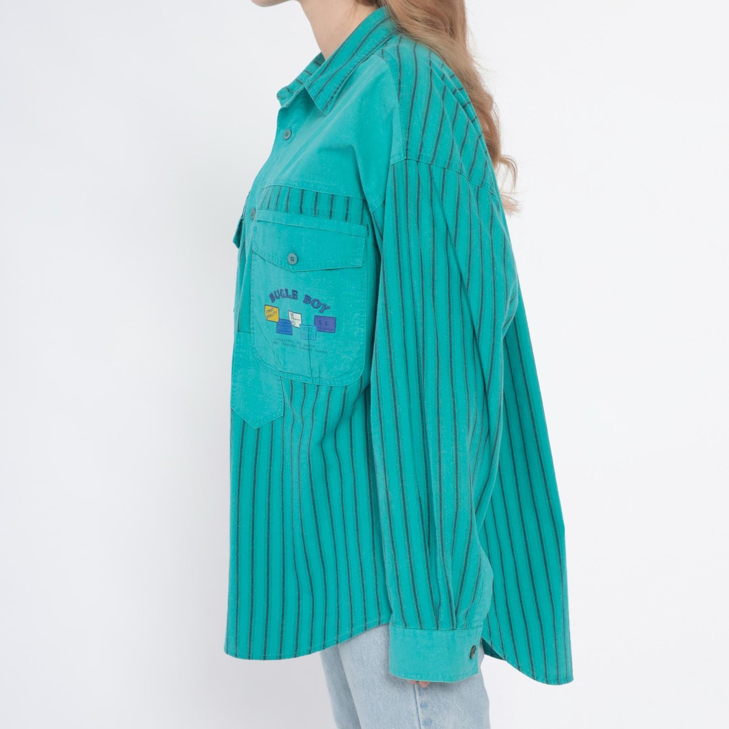 90s Bugle Boy Turquoise Striped Cotton Button-Up Shirt Large L
