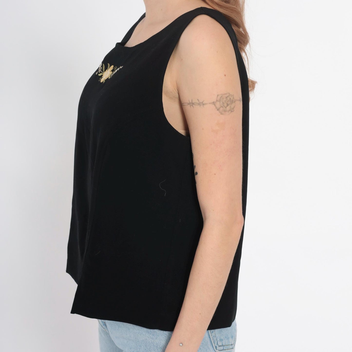 90s Peter Popovitch Black Tank Top Gold Floral Embroidery Large L