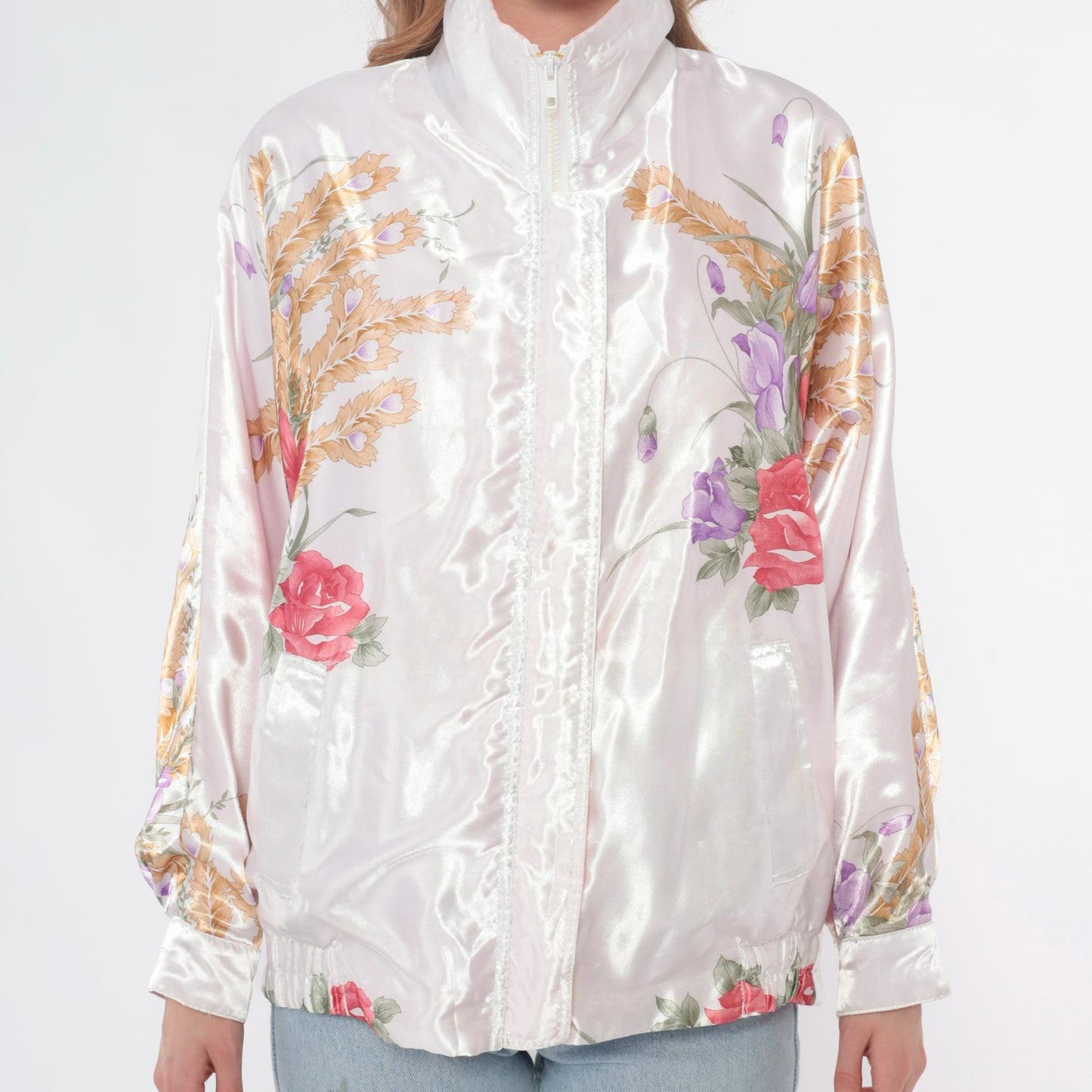 90s Floral Satin Bomber Jacket White Pink Rose Purple Wheat Zip Medium