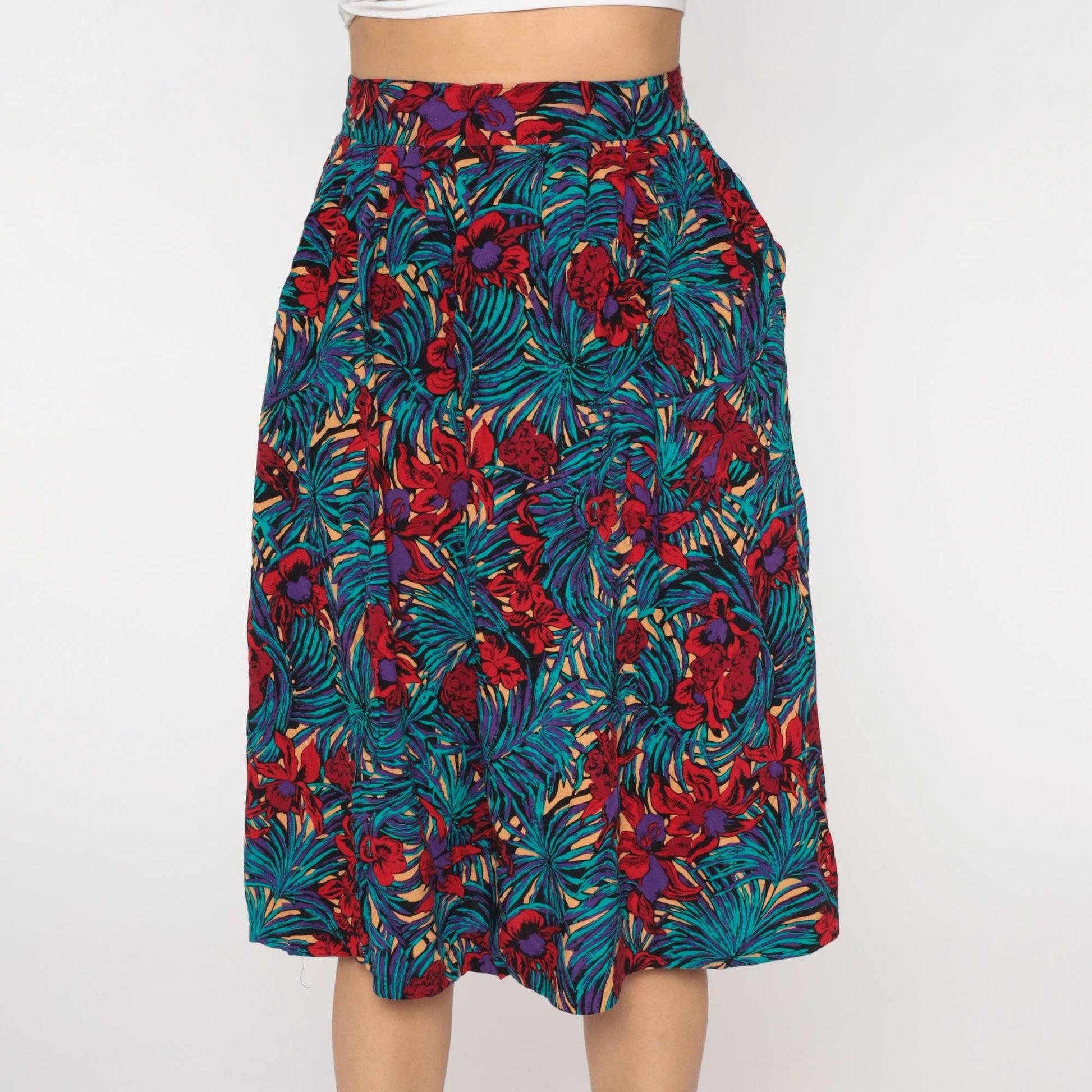 90s Tropical Palm Floral Maxi Skirt Turquoise Purple Elastic Waist Medium
