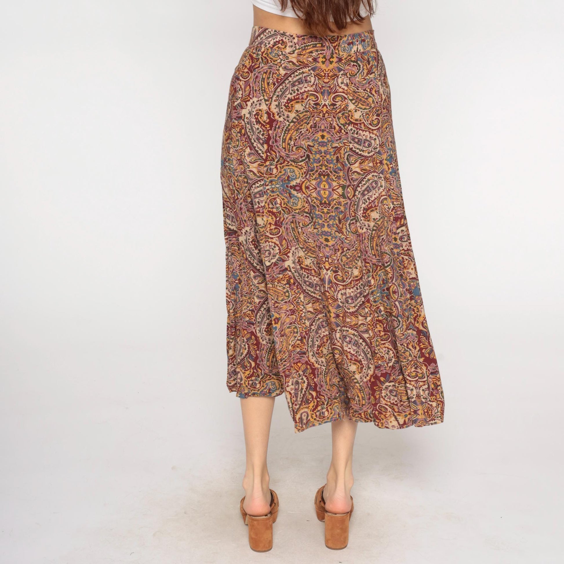 90s Express Paisley Midi Skirt Button Front Brown Purple Gold Medium M