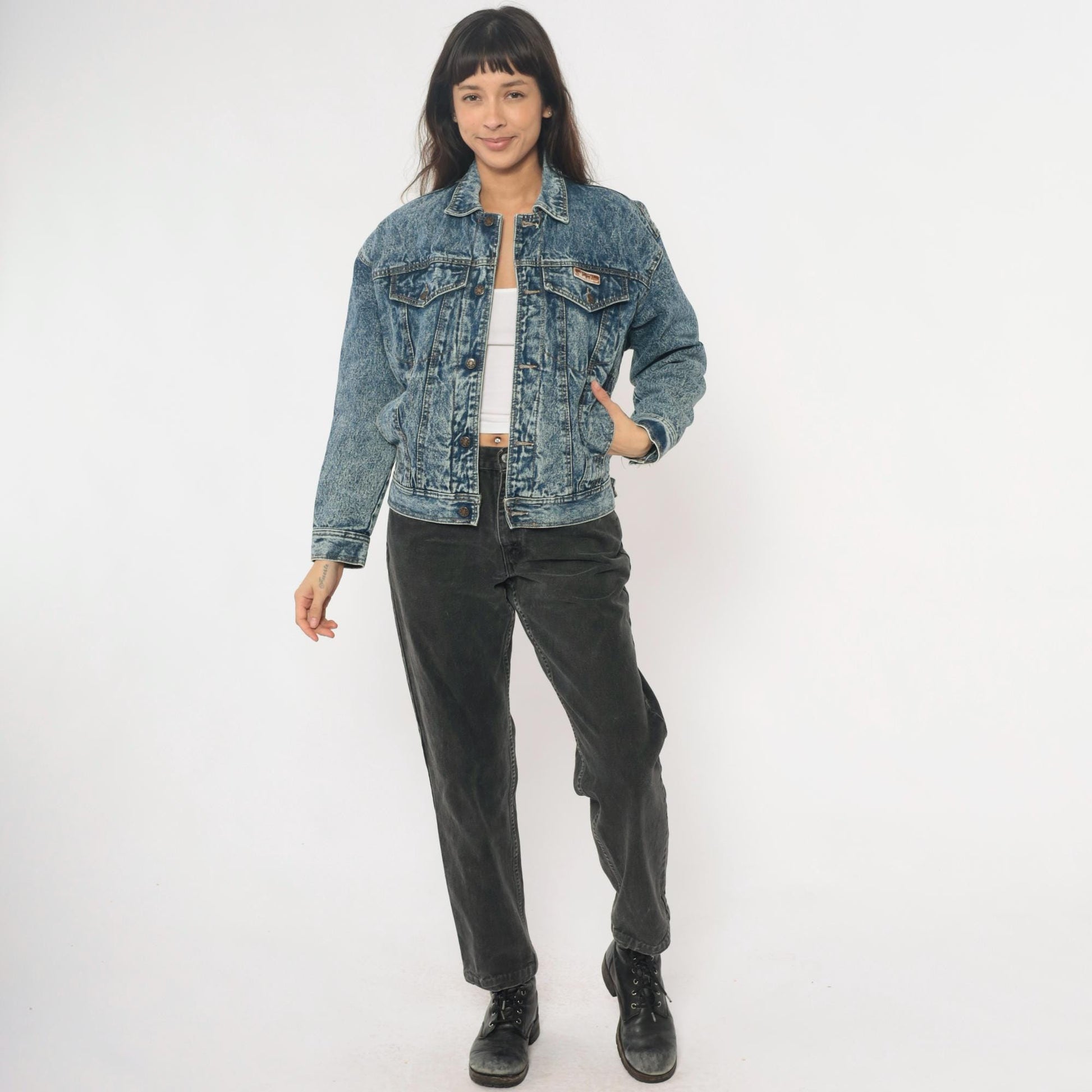 90s Blue Eagle Acid Wash Denim Jacket Cropped Trucker Small S