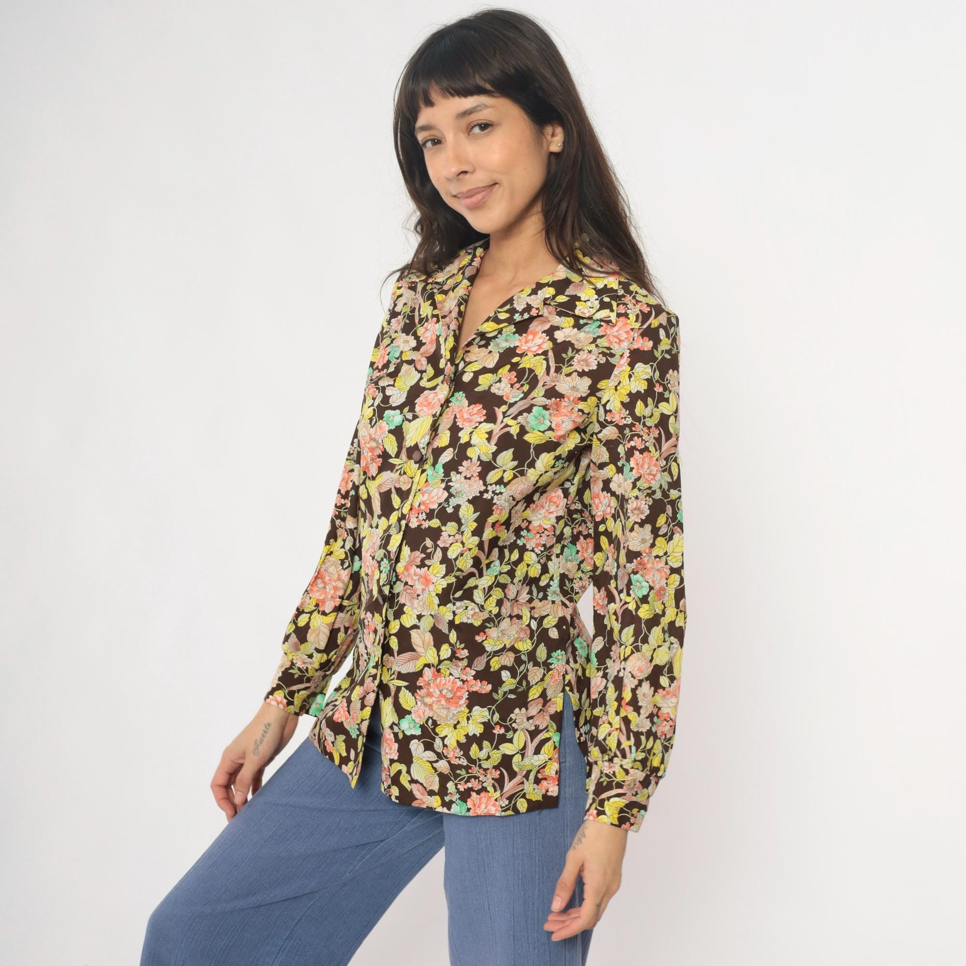 70s Pykettes Floral Blouse Brown Psychedelic Print Collared Long Sleeve Medium
