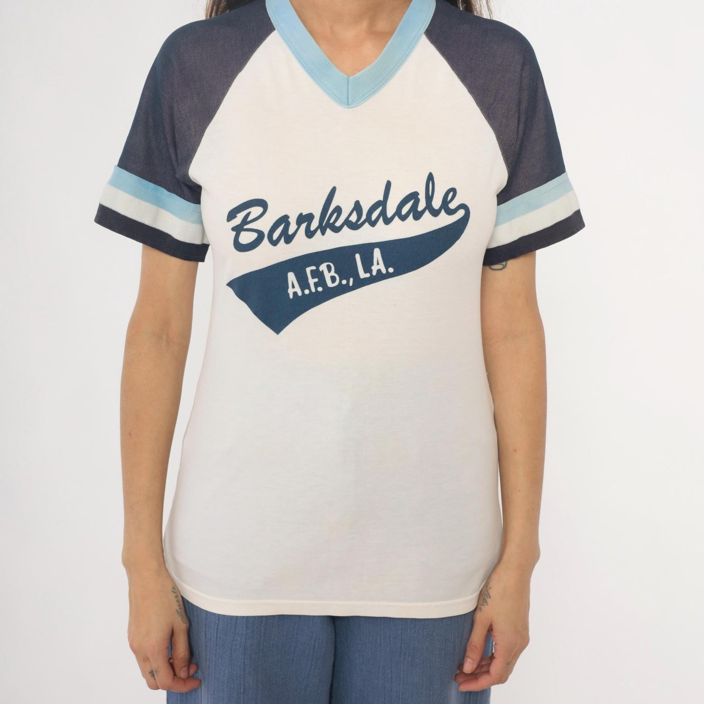 80s Barksdale A.F.B. Raglan Jersey Number 24 White Navy V-Neck Small