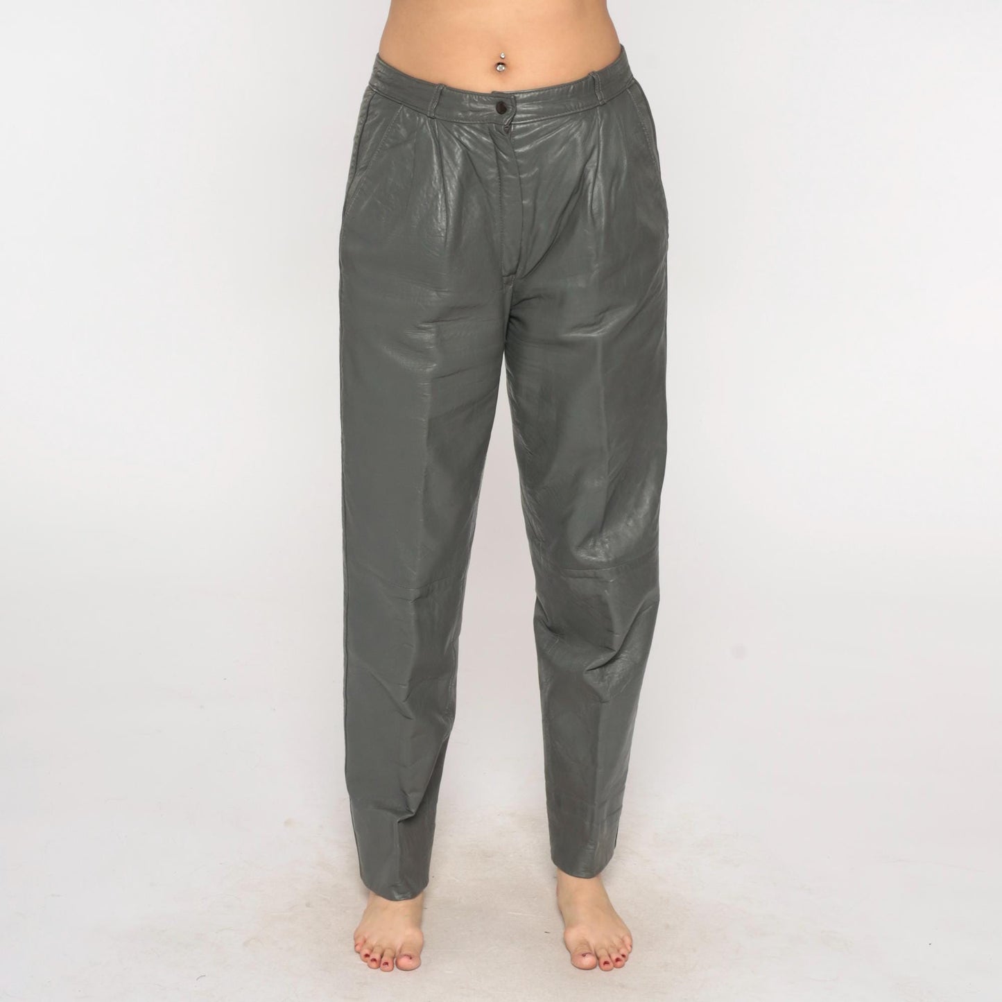 80s Grey Leather Pants High Waist Pleated Front Tapered Leg Medium
