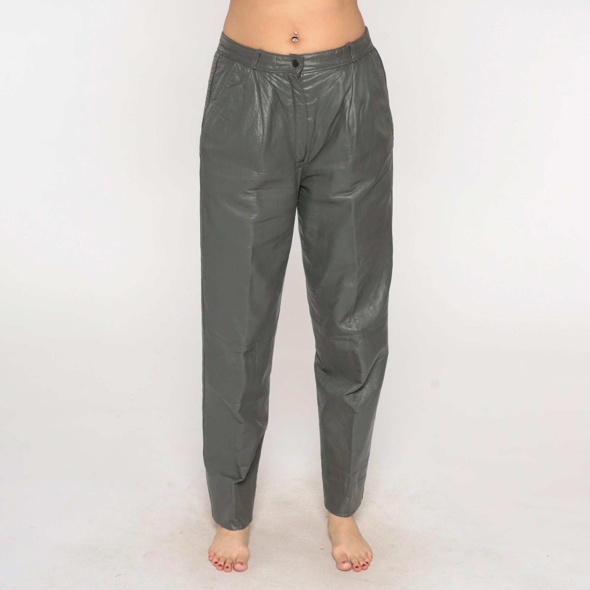 80s Grey Leather Pants High Waist Pleated Front Tapered Leg Medium