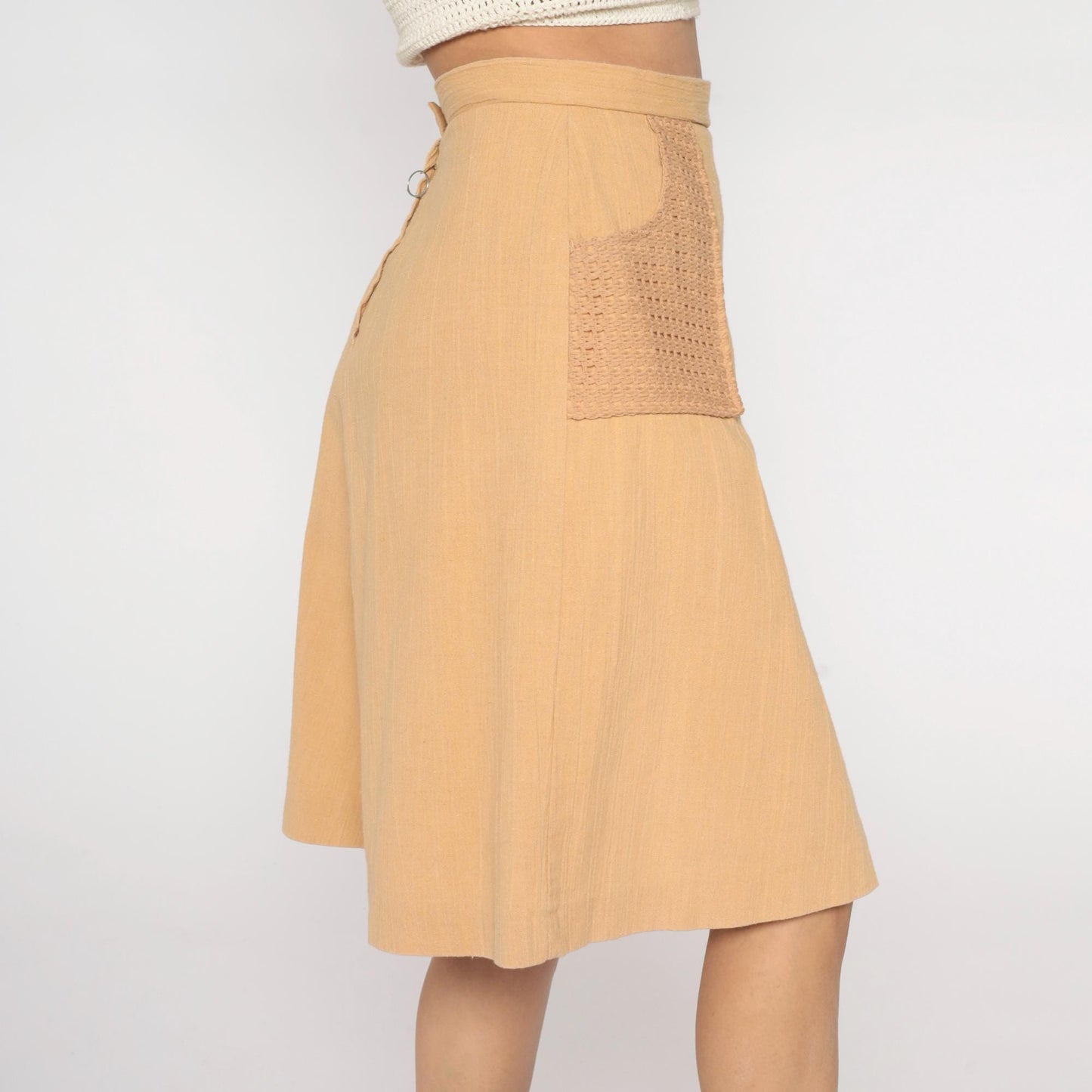 70s Beige A-Line Mini Skirt Crochet Pocket Cotton Linen Medium M