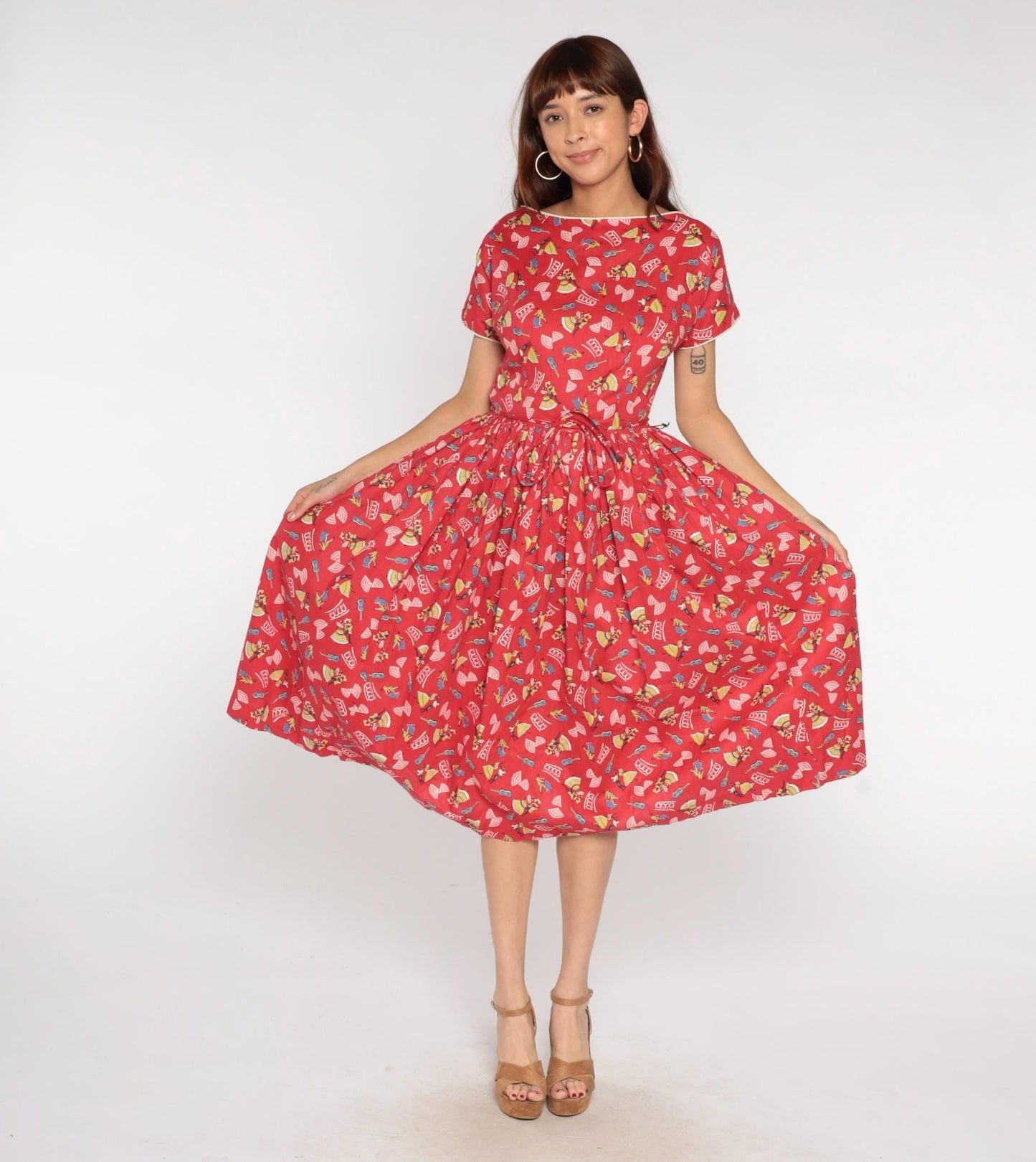 60s Red Novelty Print Dress Mexican Dancer Guitar Boat Neck Medium M