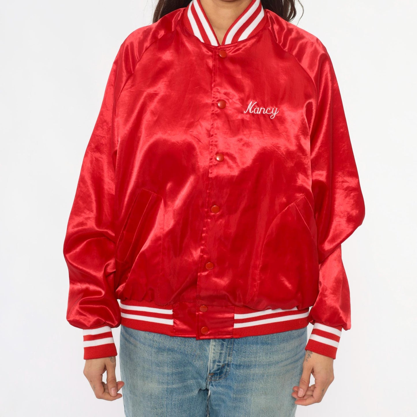 90s Red Satin Bomber Jacket Embroidered Salem Farms Campground Connecticut Large