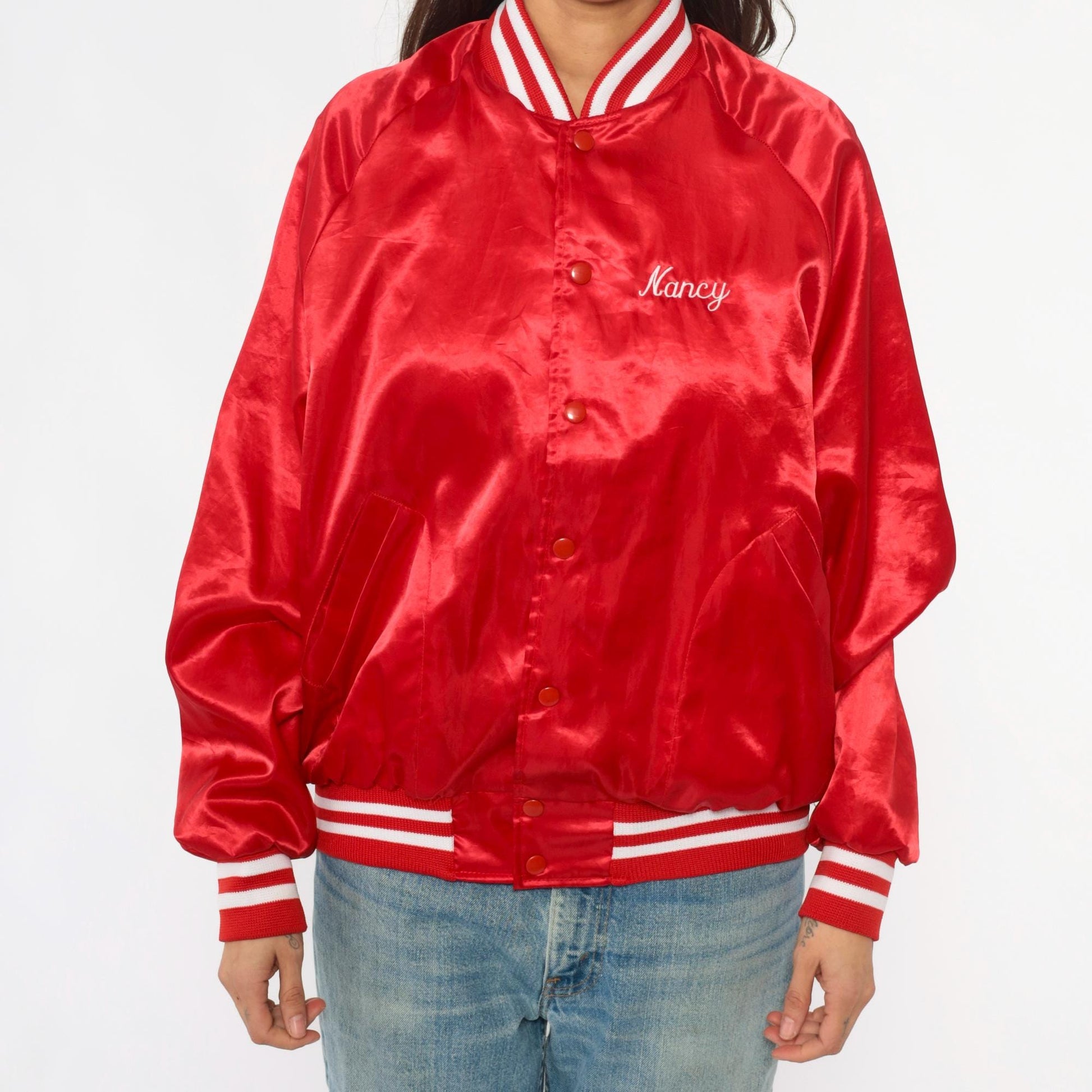 90s Red Satin Bomber Jacket Embroidered Salem Farms Campground Connecticut Large