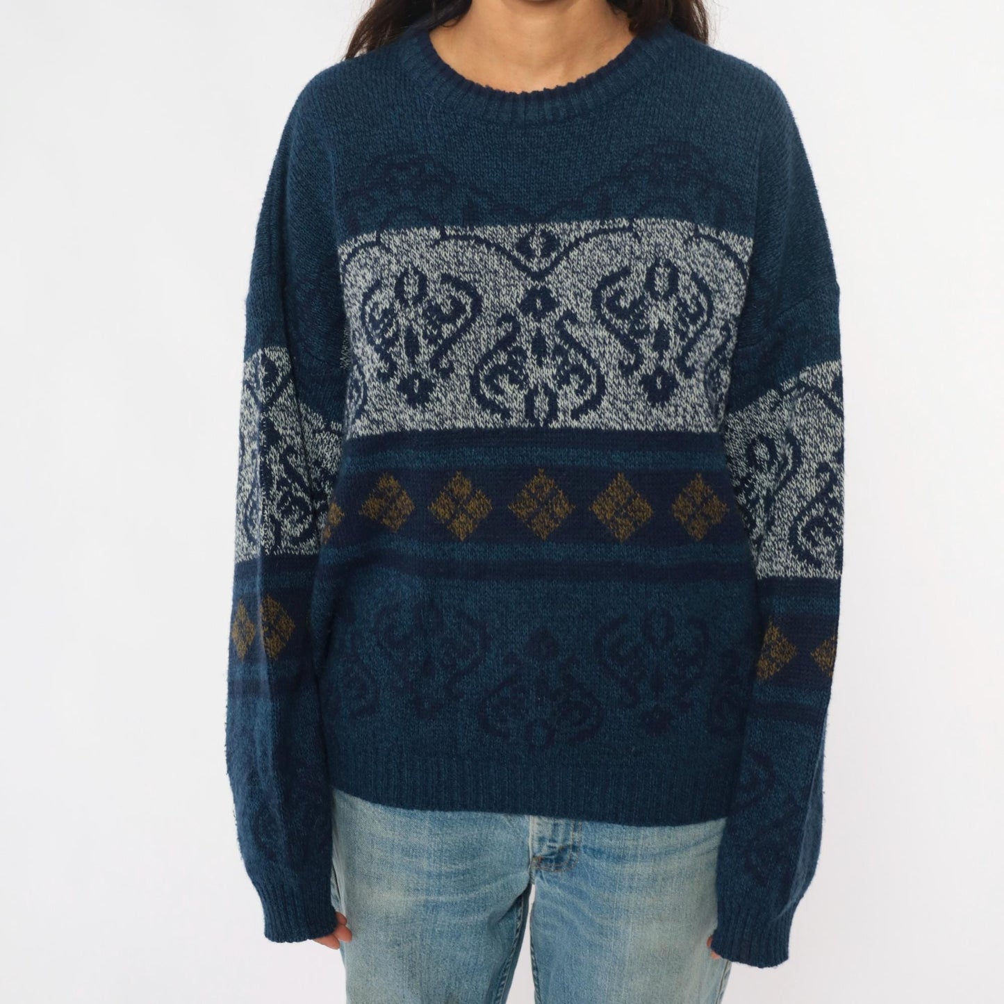90s Fair Isle Sweater Navy White Gold Geometric Knit Crewneck Large L
