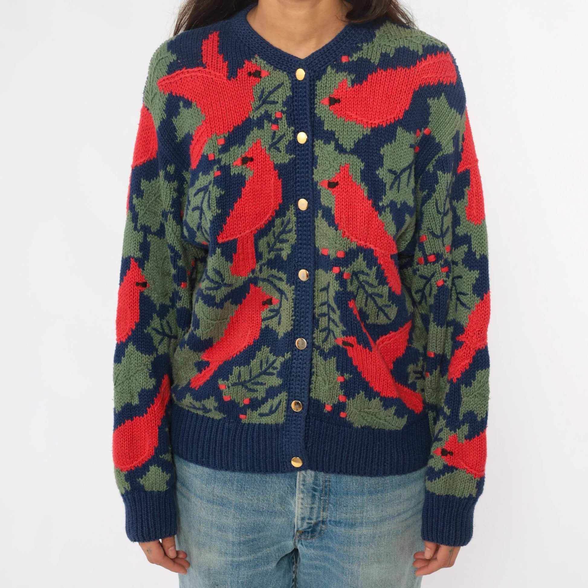 90s Orvis Cardinal Cardigan Navy Botanical Knit Large L