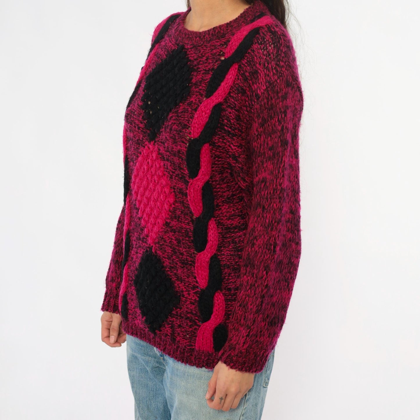 80s Safret Burgundy Diamond Cable Knit Sweater Medium M