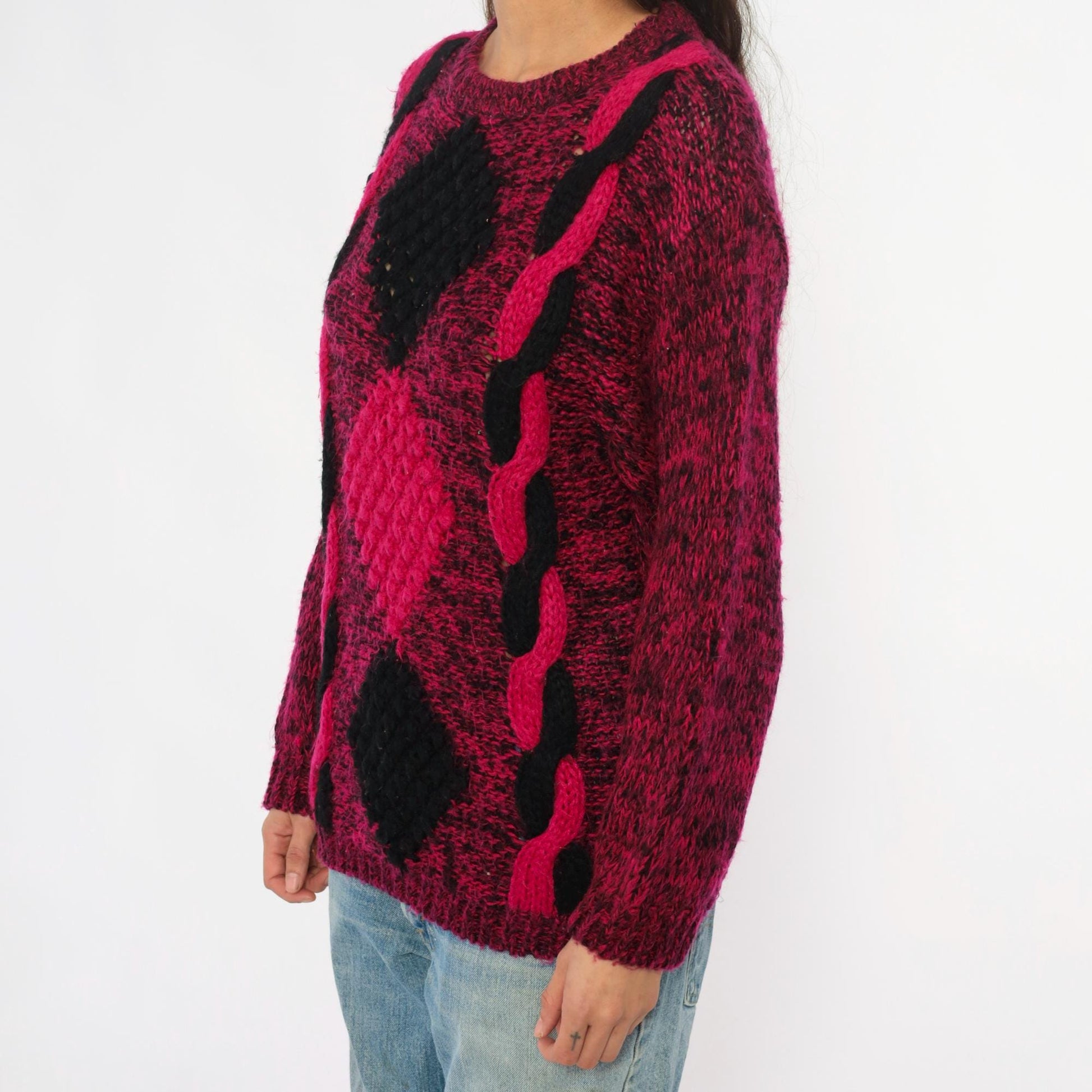 80s Safret Burgundy Diamond Cable Knit Sweater Medium M