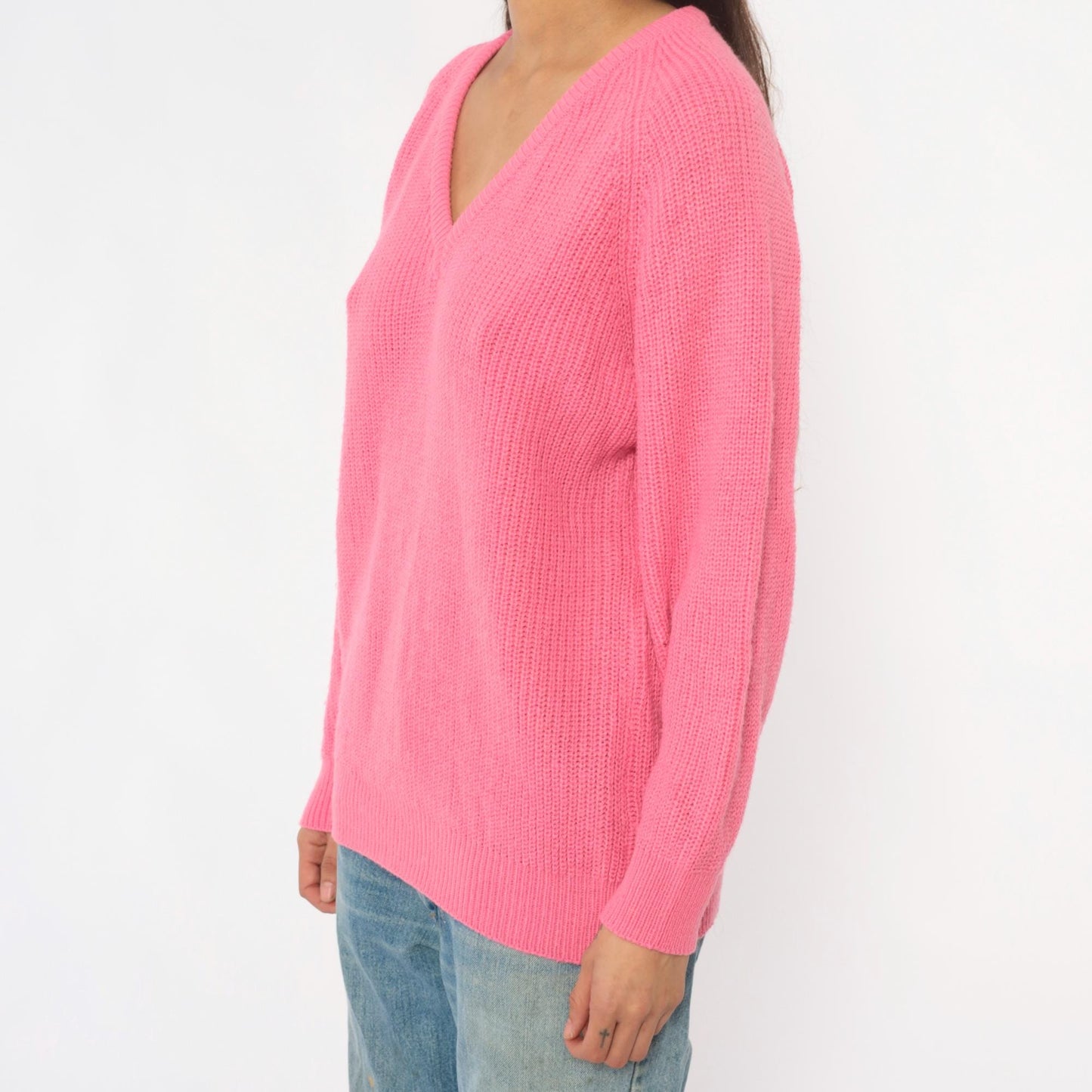 90s Pink V-Neck Sweater Ribbed Knit Pullover Jumper Large L