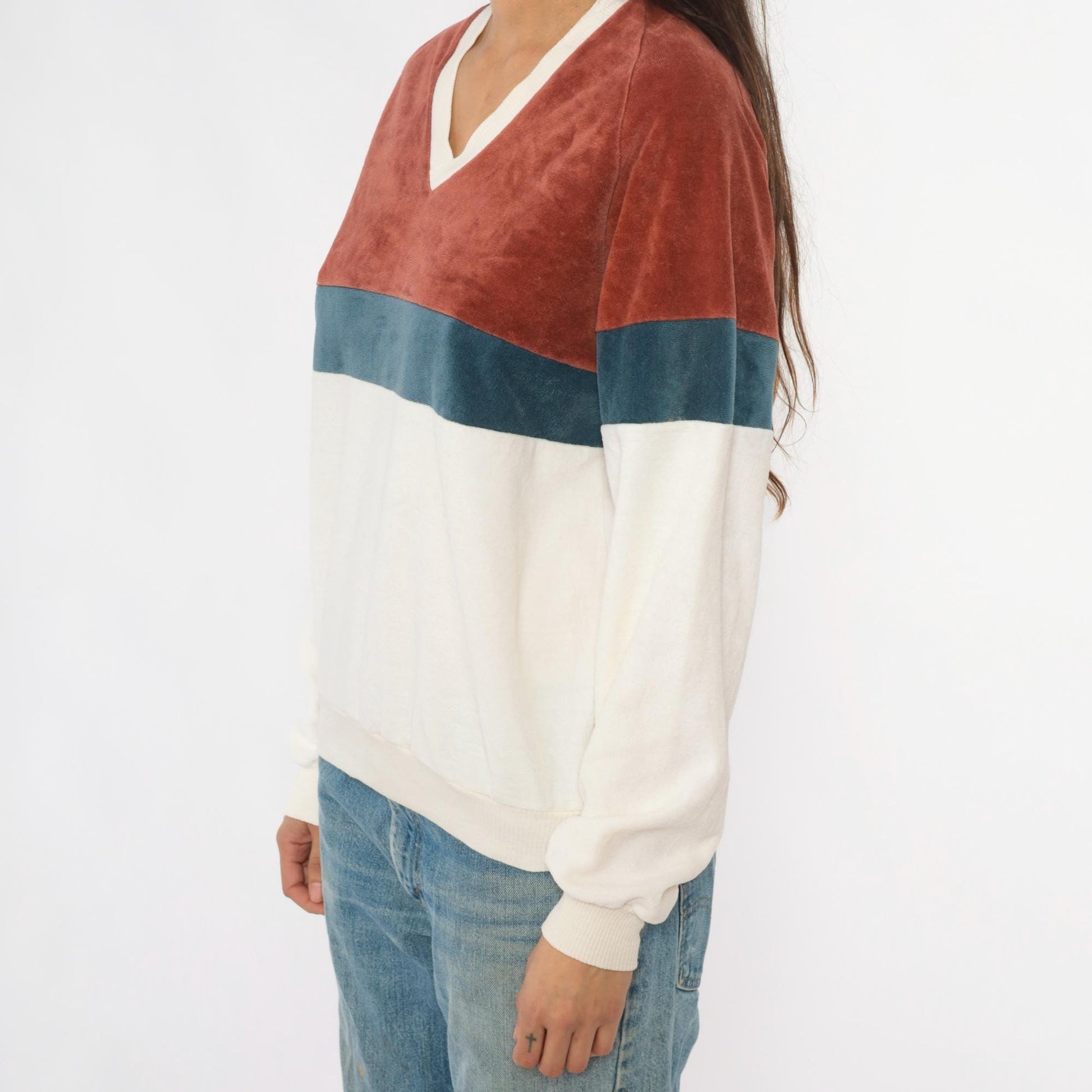 80s Expressions Velour Sweatshirt Color Block Brown Teal Cream Raglan Medium