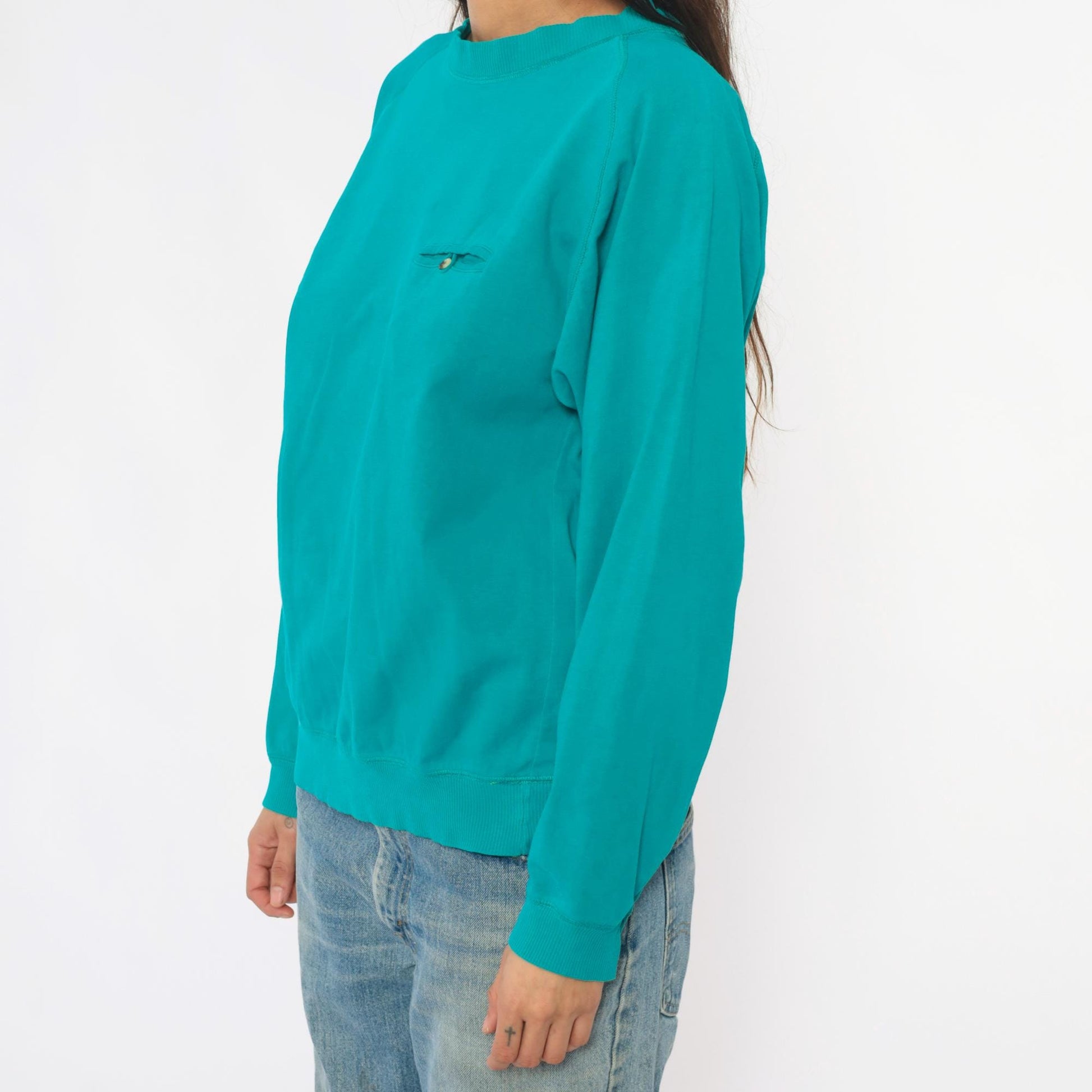 90s Turquoise Cotton Raglan Sweatshirt Pocket Button Detail Medium M