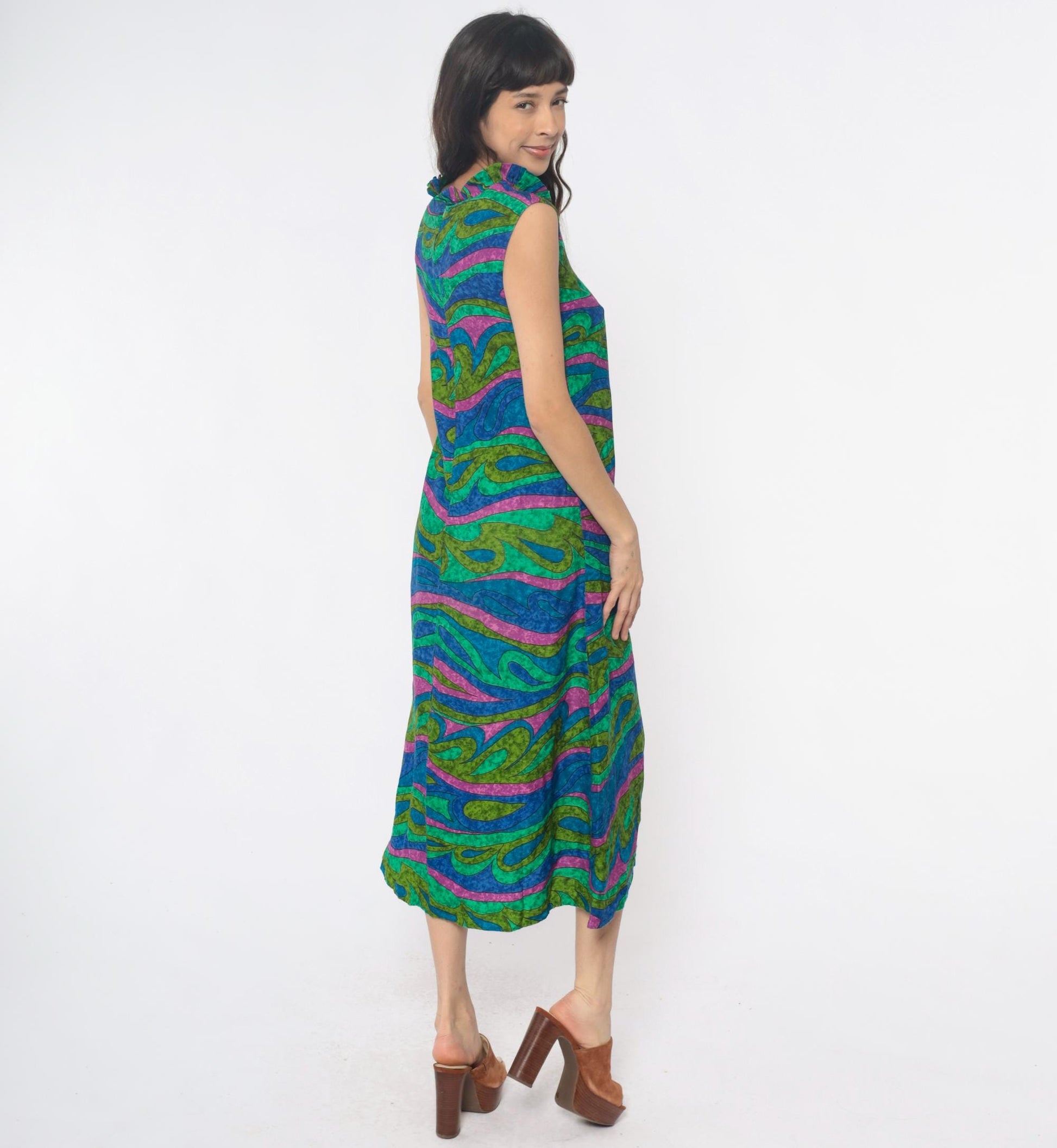 70s Psychedelic Swirl Maxi Dress Blue Green Pink Wave Print Sleeveless Extra Small