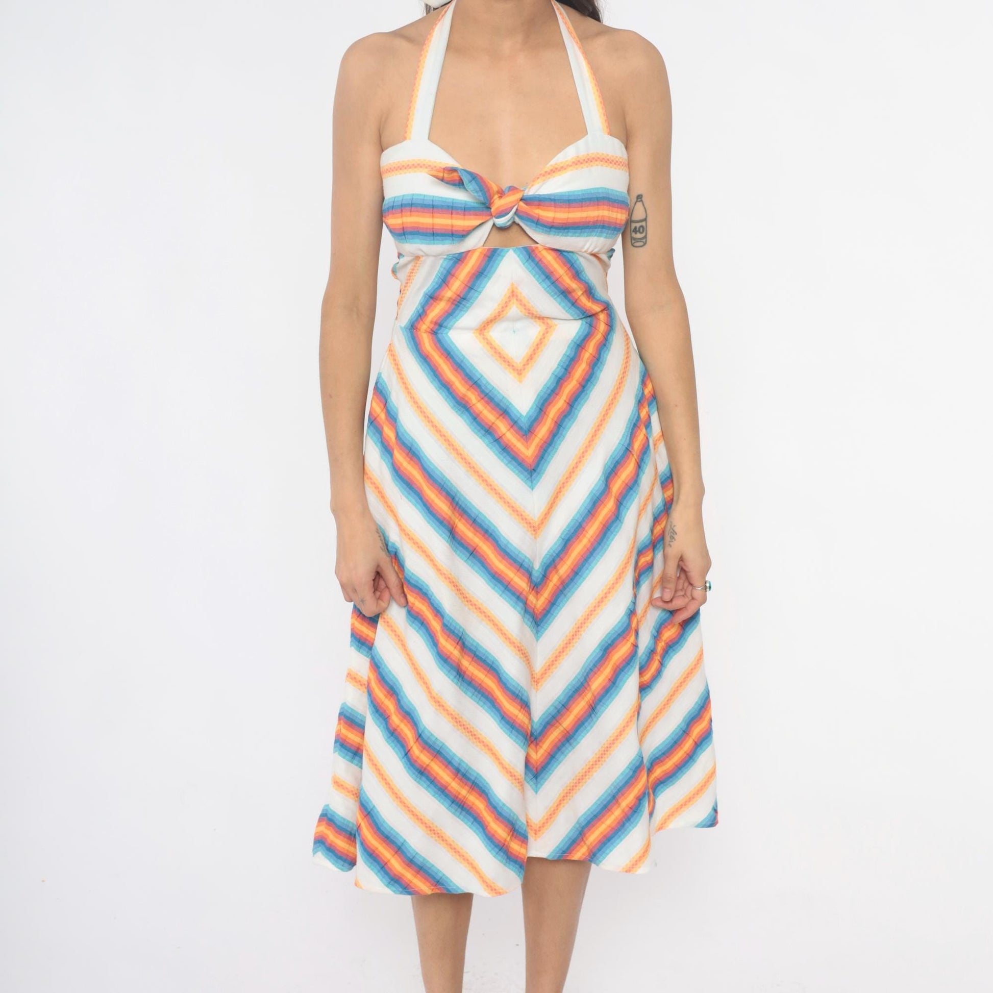 70s Rainbow Chevron Halter Dress Cutout Tie Front Cotton Small