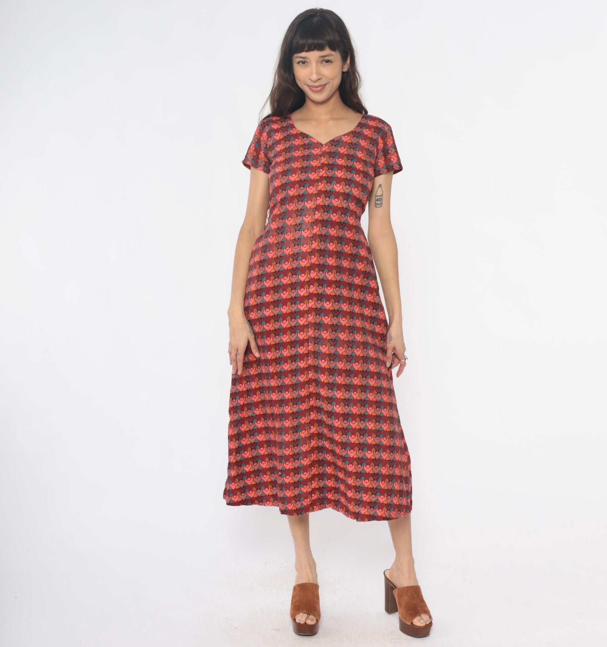 80s Southwestern Geometric Maxi Dress Tie Waist Cotton Multicolor Small
