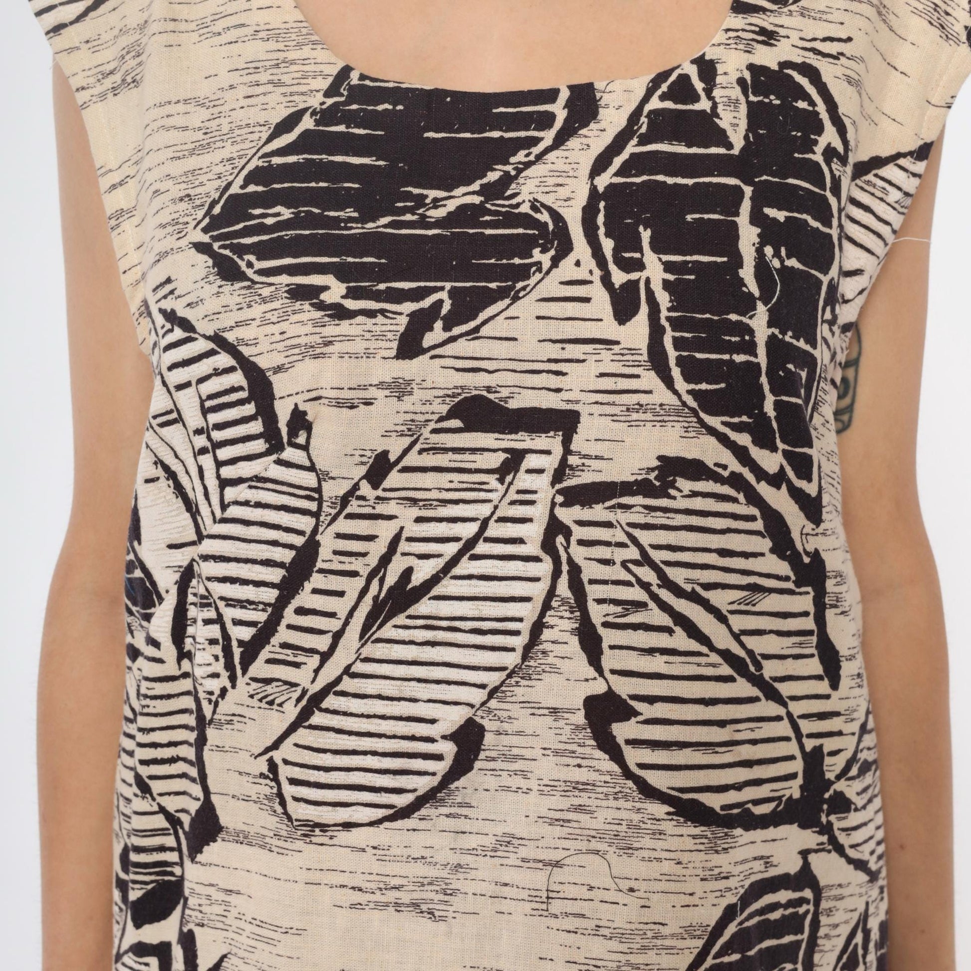 70s Leaf Print Shift Dress Cream Black Botanical Sleeveless Large