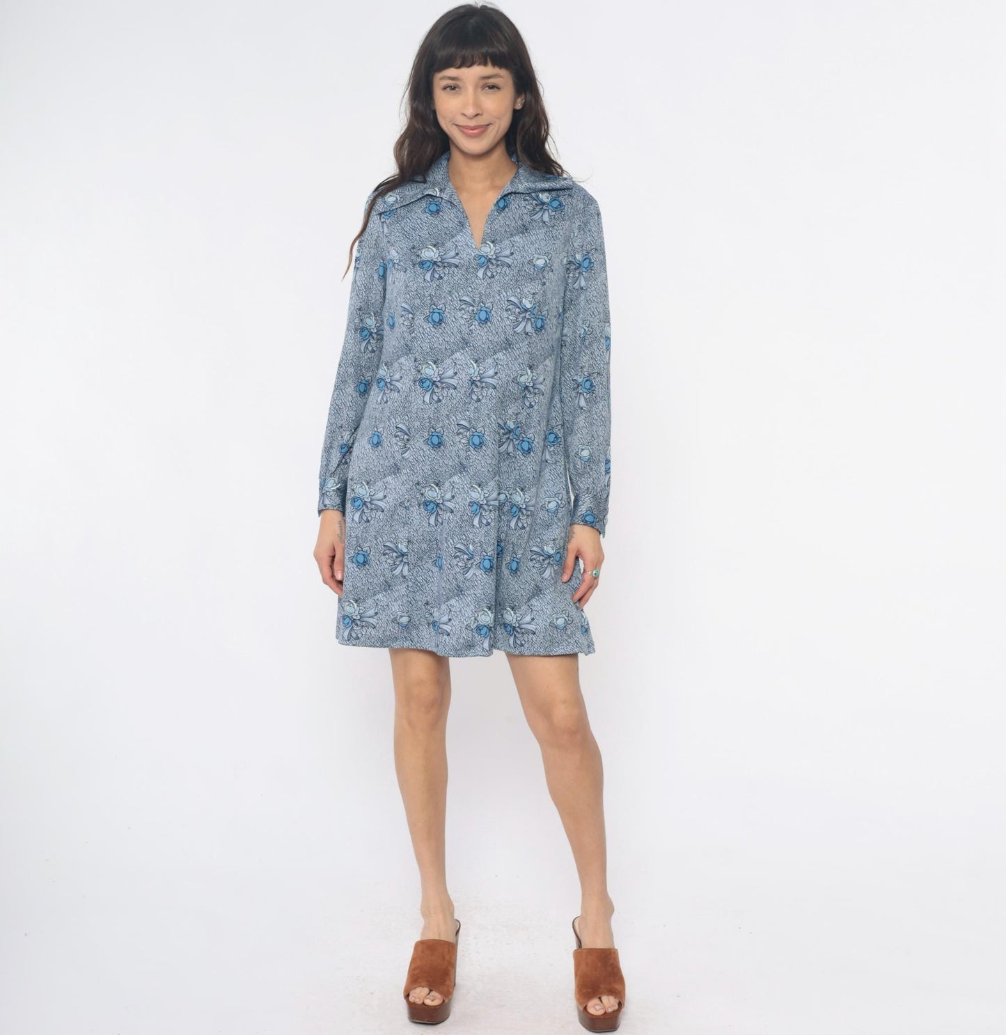 70s Blue-Gray Floral Bow Shirt Dress Pointed Collar Knee-Length Large