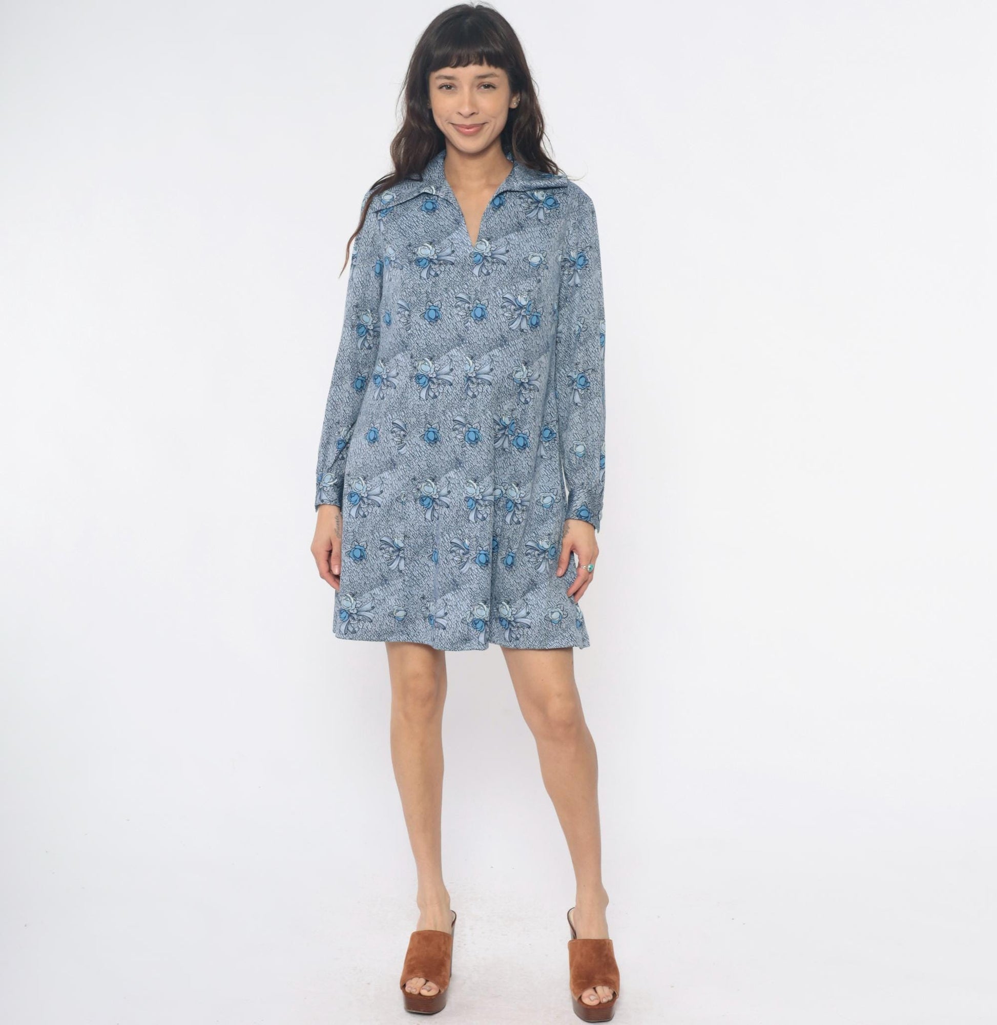 70s Blue-Gray Floral Bow Shirt Dress Pointed Collar Knee-Length Large