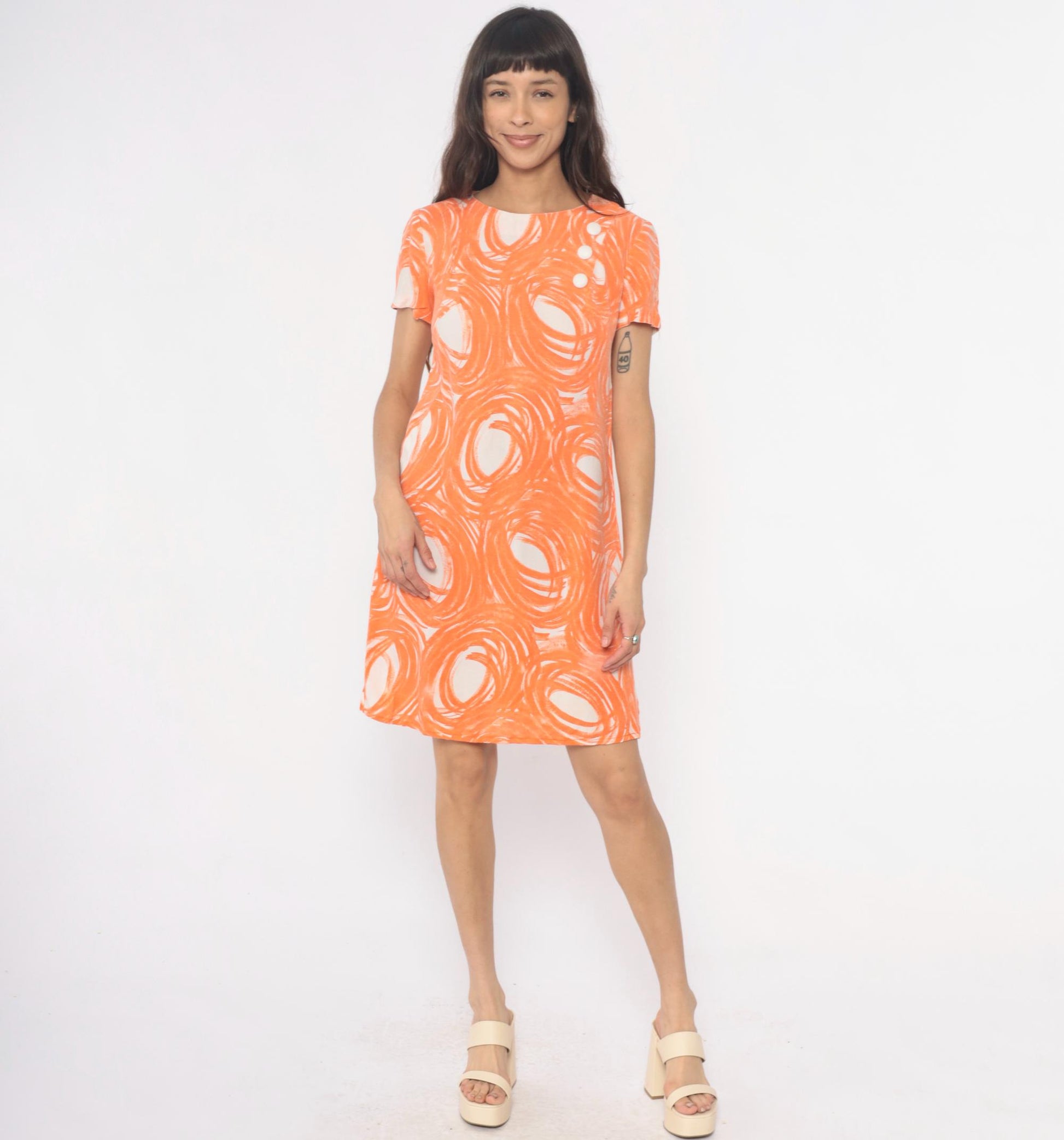 60s Mod Shift Dress Orange White Swirl Print Vogue Special Small