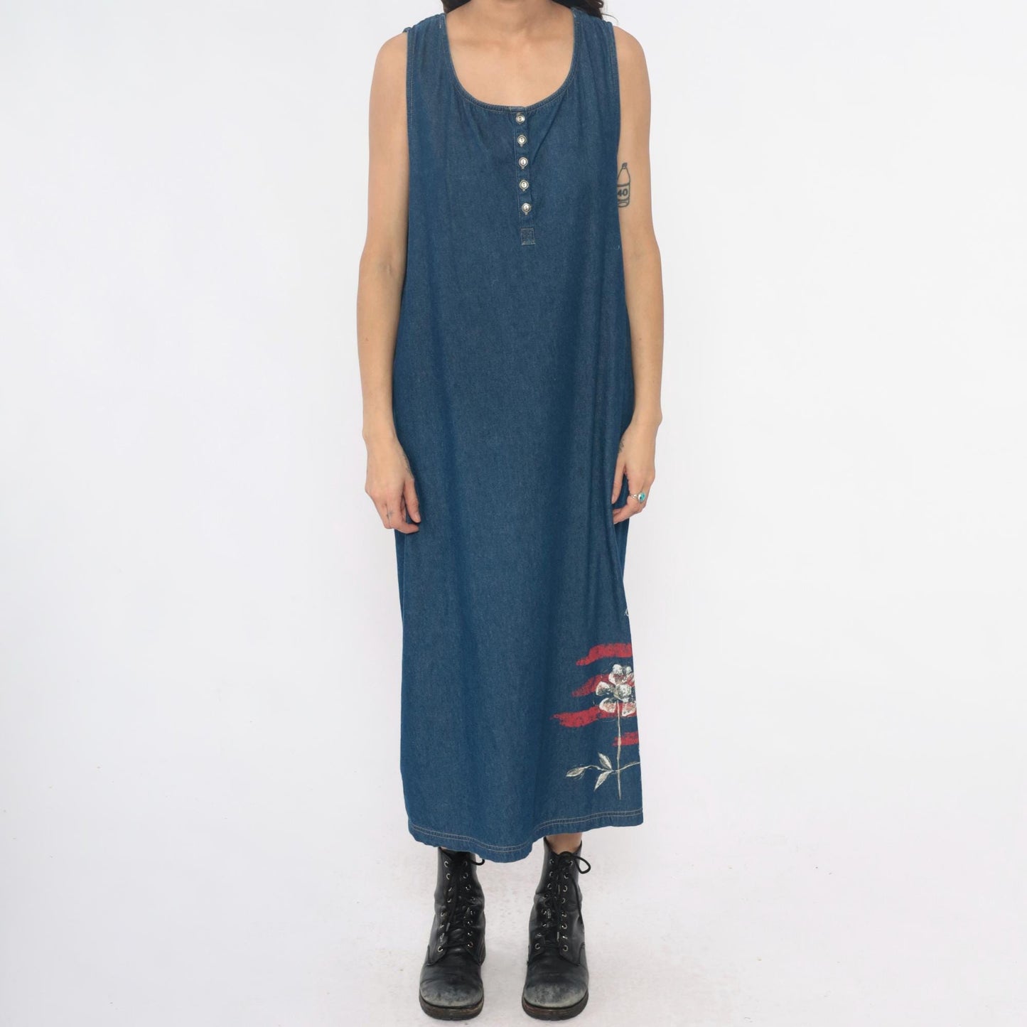90s Blue Denim Maxi Dress Floral Butterfly Painted Tank Sleeveless Large L