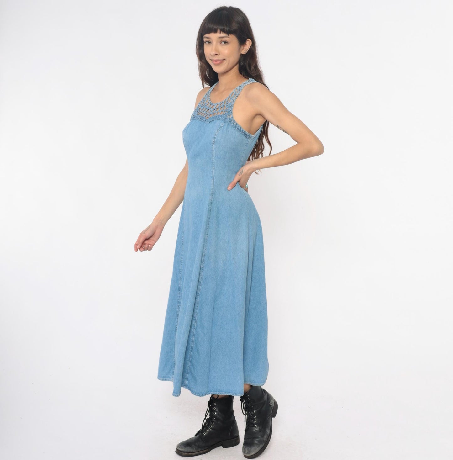 90s Jody California Denim Maxi Dress Light Blue Crochet Lace-Up Racerback Small