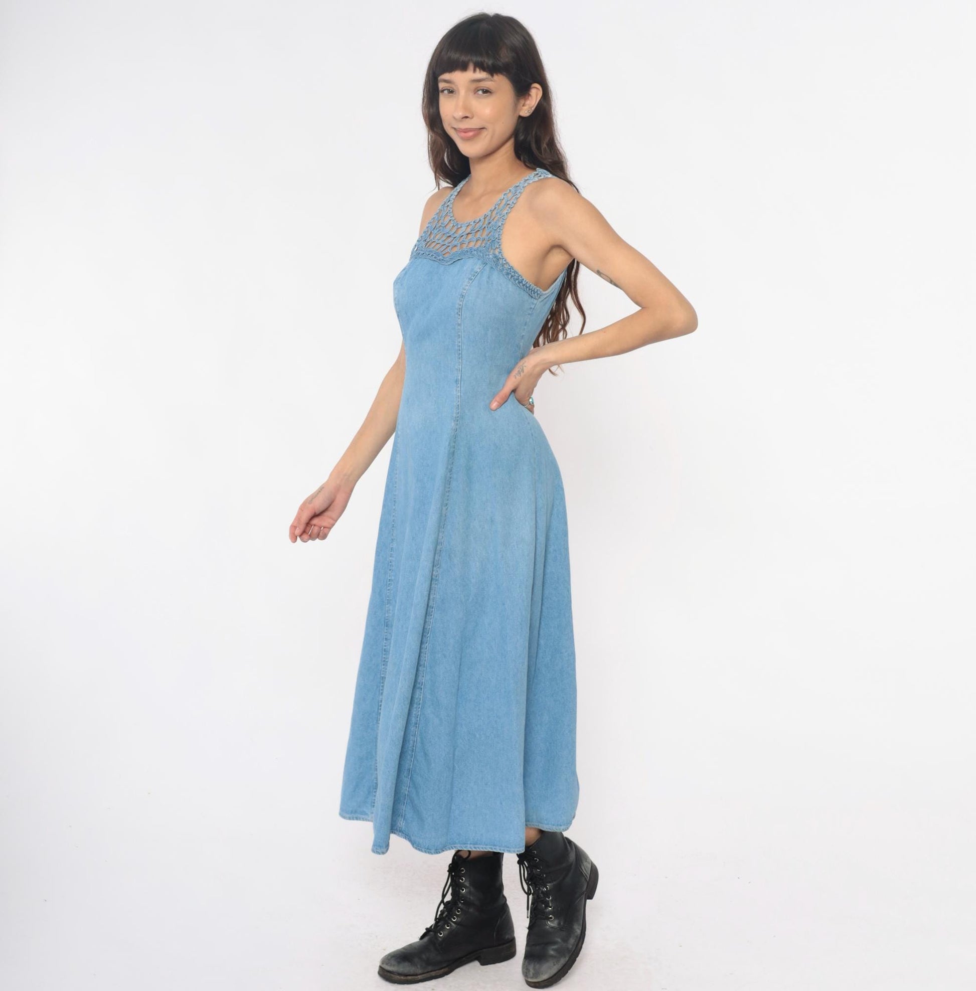 90s Jody California Denim Maxi Dress Light Blue Crochet Lace-Up Racerback Small