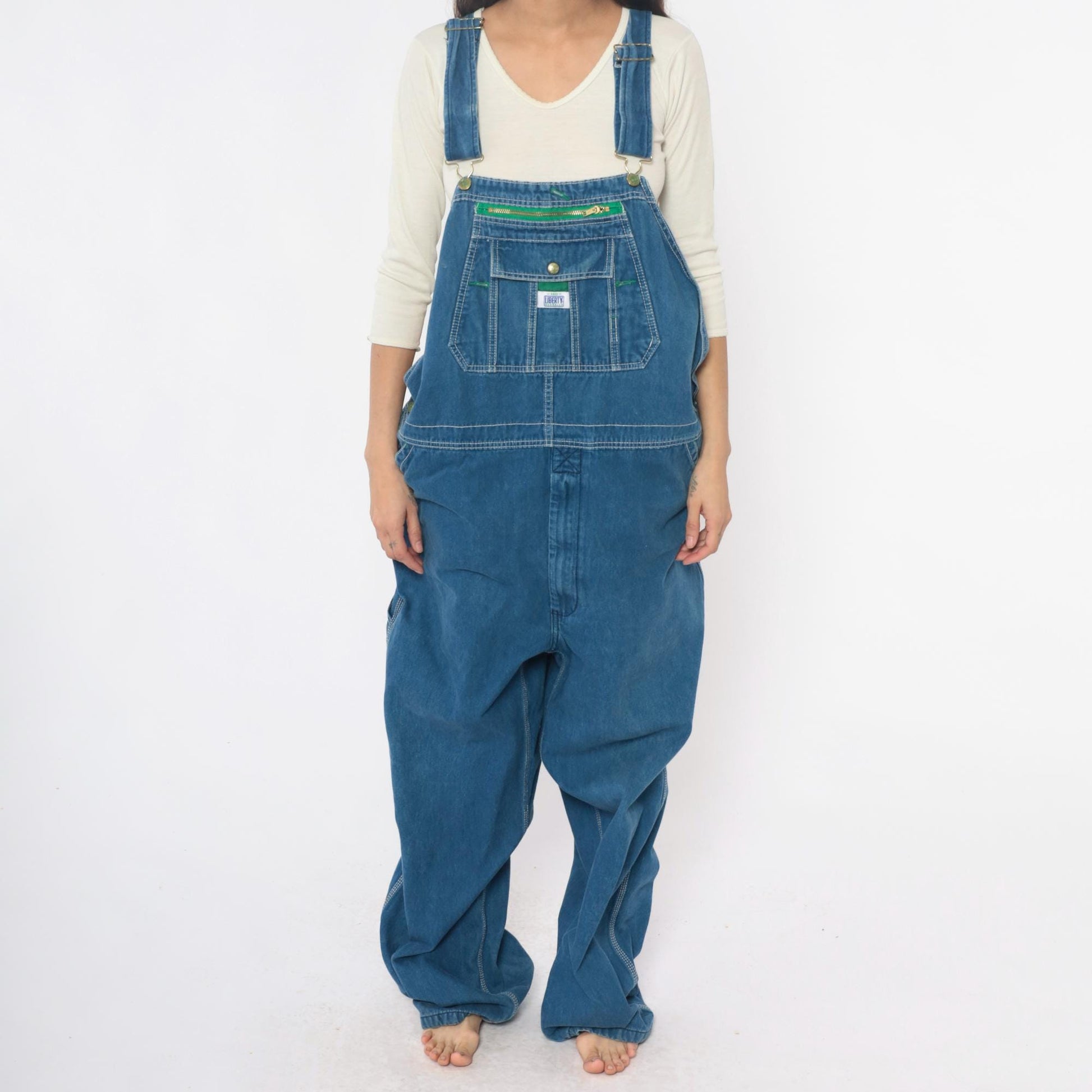 Y2K Liberty Denim Overalls Medium Blue Green Stitching Carpenter Jumpsuit