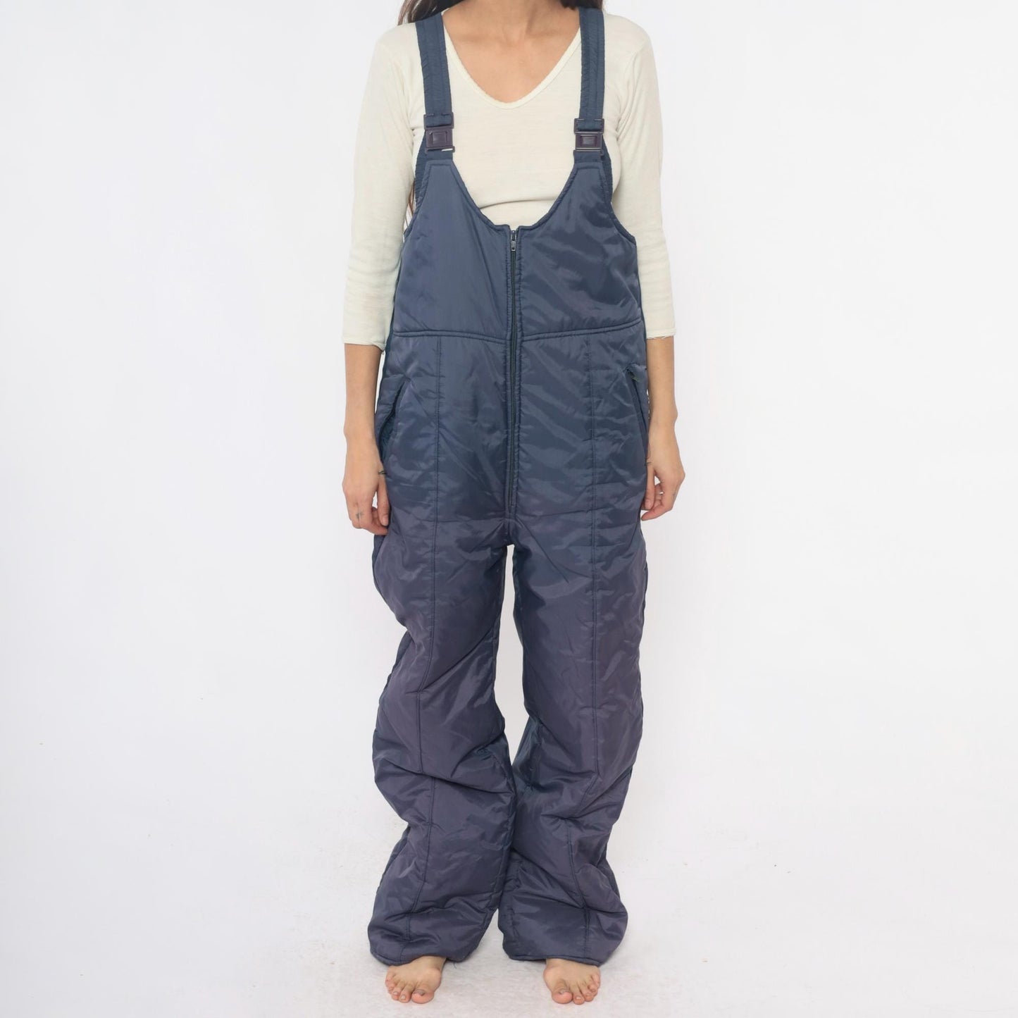80s Sunshine Mountain Navy Ski Bib Overalls Insulated Nylon Large L