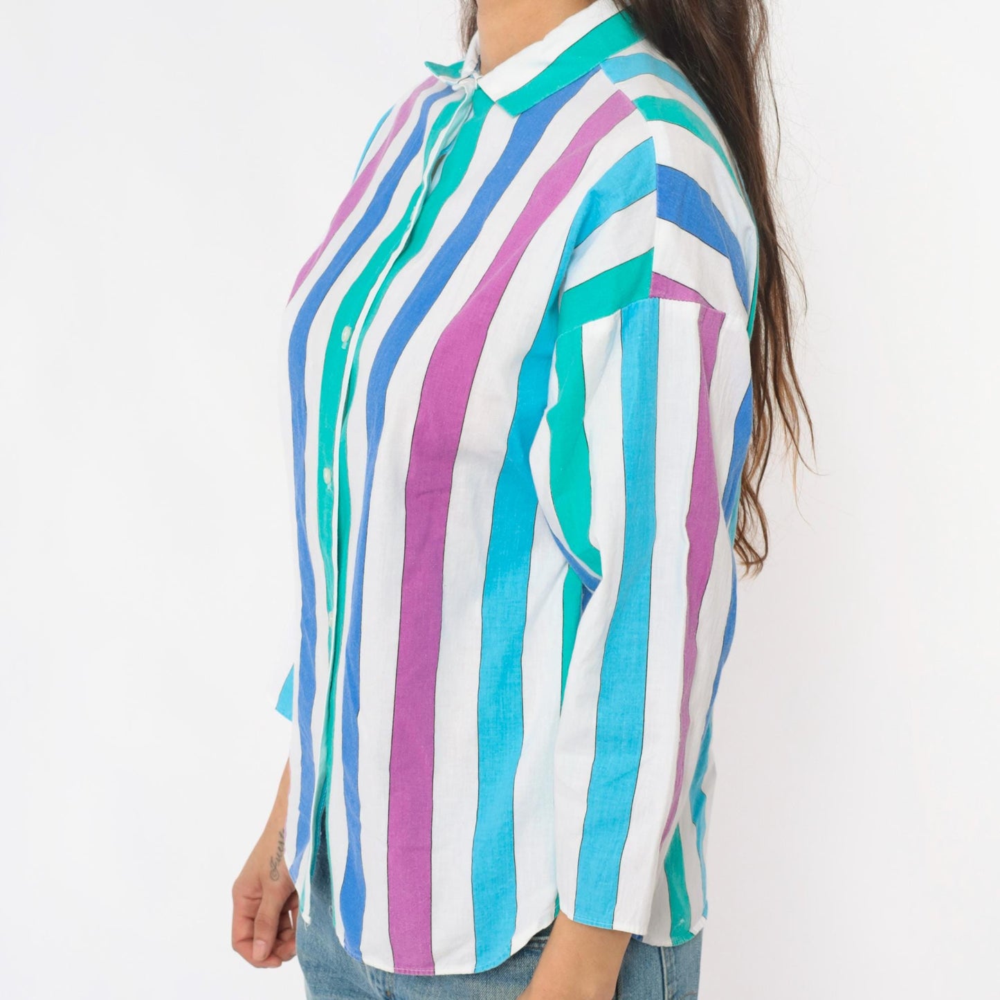80s Avon Fashions Striped Cotton Blouse Vertical Stripes Purple Blue Small S