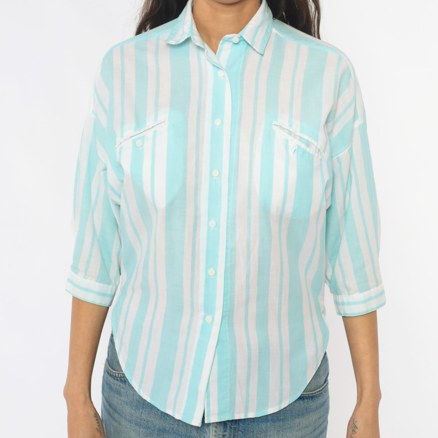 80s Diane von Furstenberg Mint Striped Button-Up Shirt Small S
